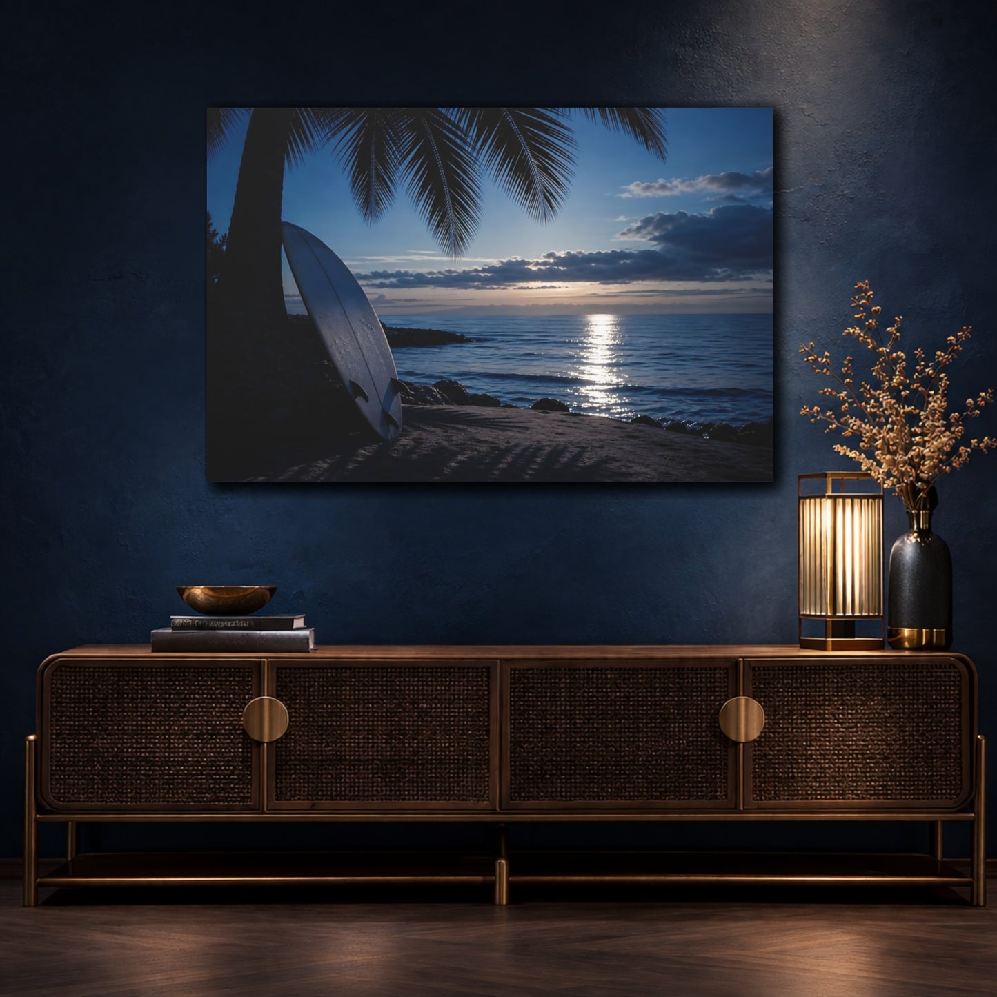 Mockup 4. Nature Surfboard Blue Ocean Sunset shown as canvas print