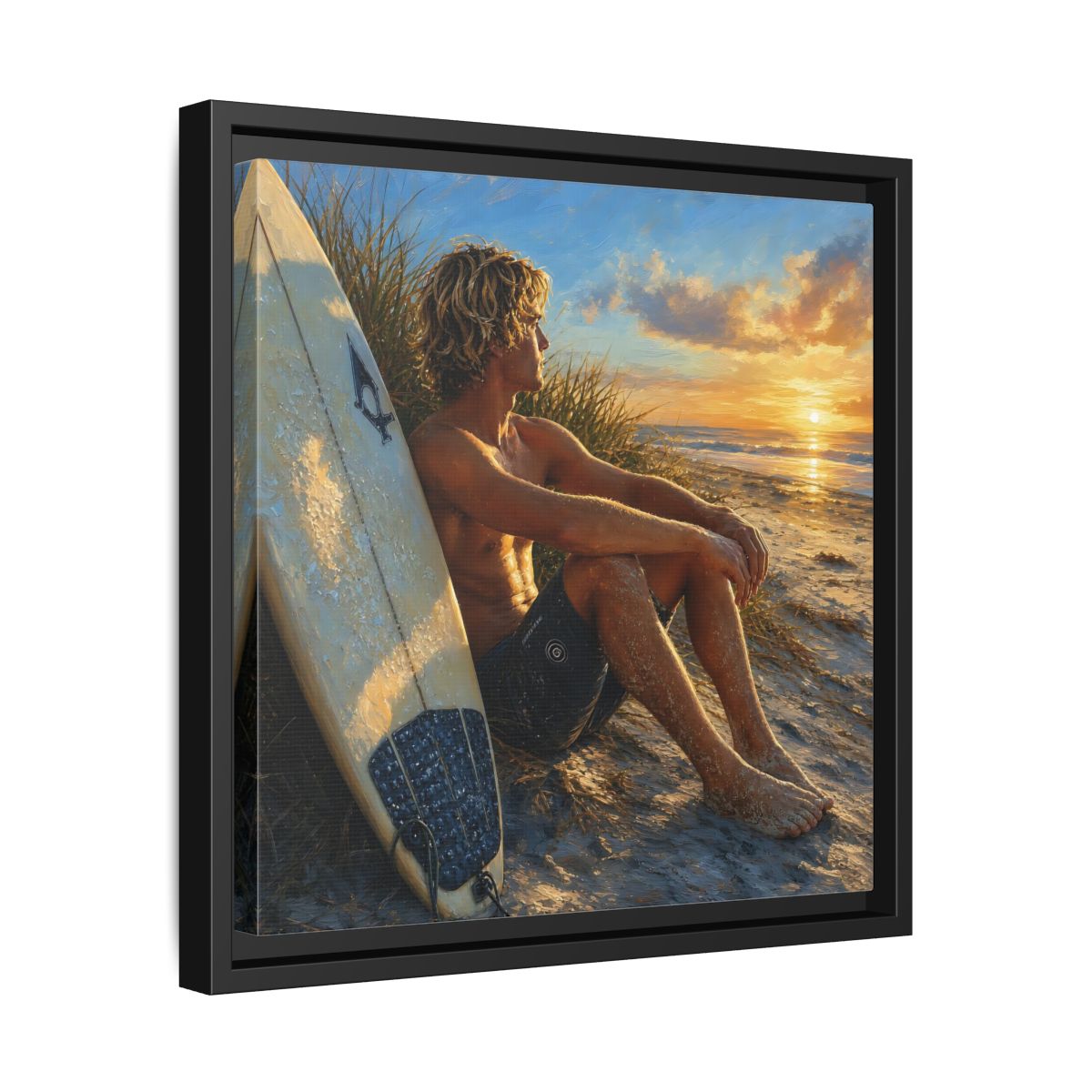 Side Mockup 32. Nature Surfer Surfer Sunset shown as framed canvas print