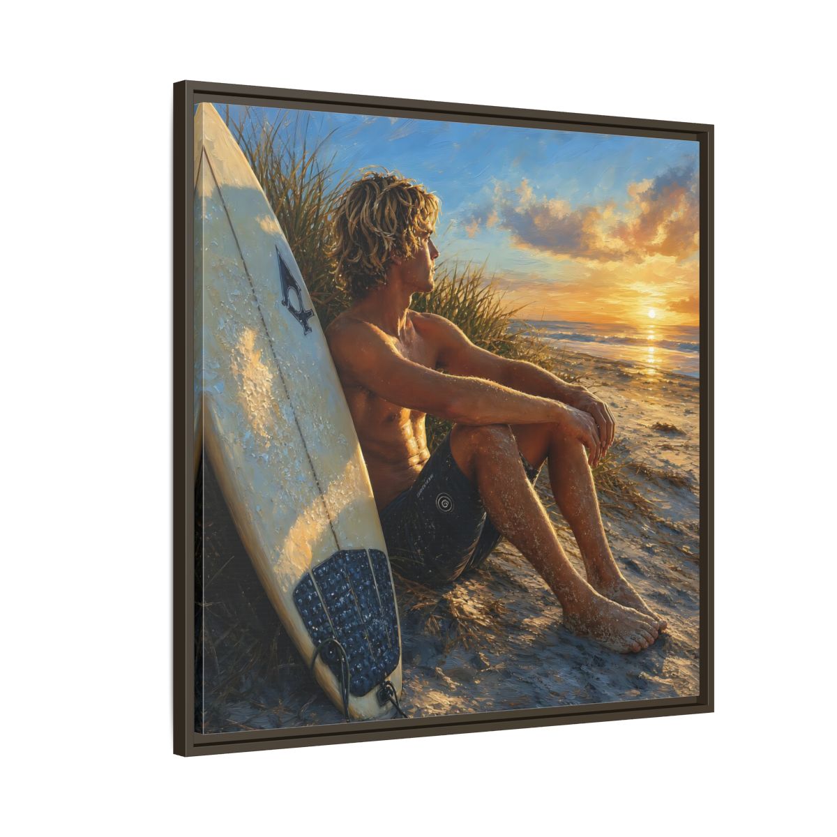 Side Mockup 8. Nature Surfer Surfer Sunset shown as framed canvas print