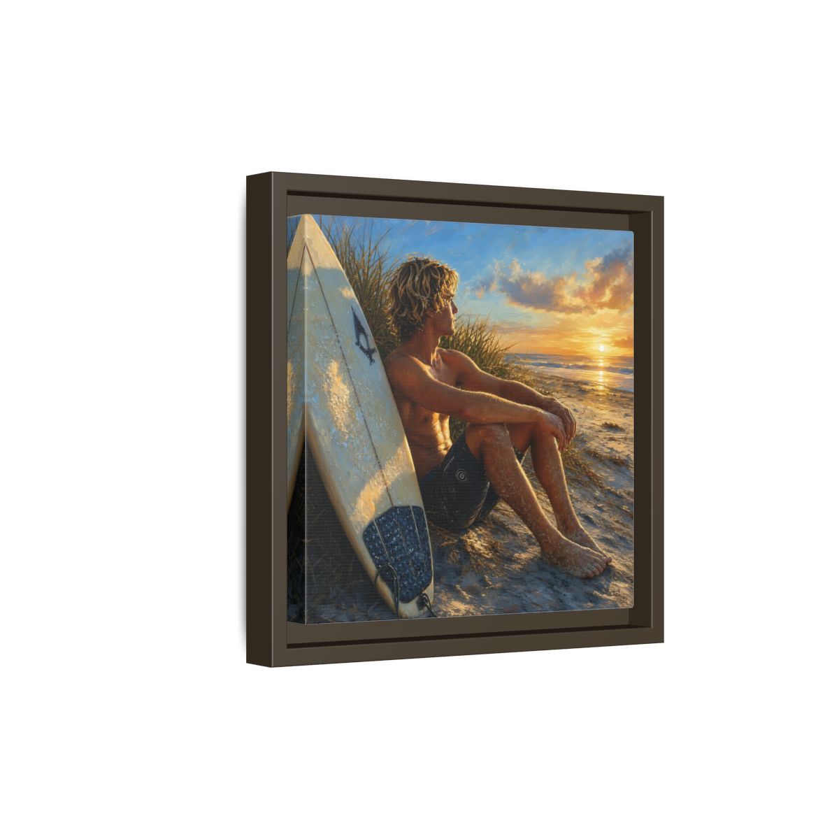 Side Mockup 20. Nature Surfer Surfer Sunset shown as framed canvas print