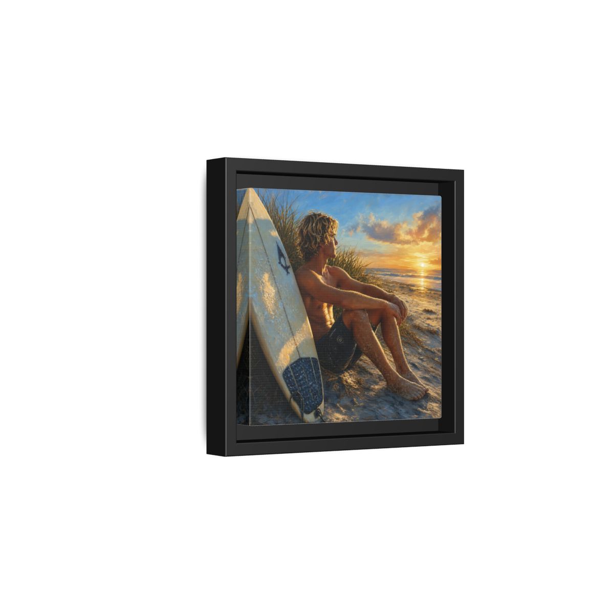 Side Mockup 3. Nature Surfer Surfer Sunset shown as framed canvas print
