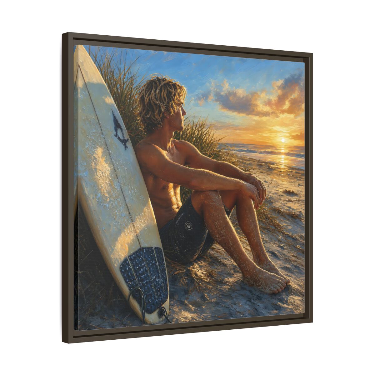 Side Mockup 27. Nature Surfer Surfer Sunset shown as framed canvas print