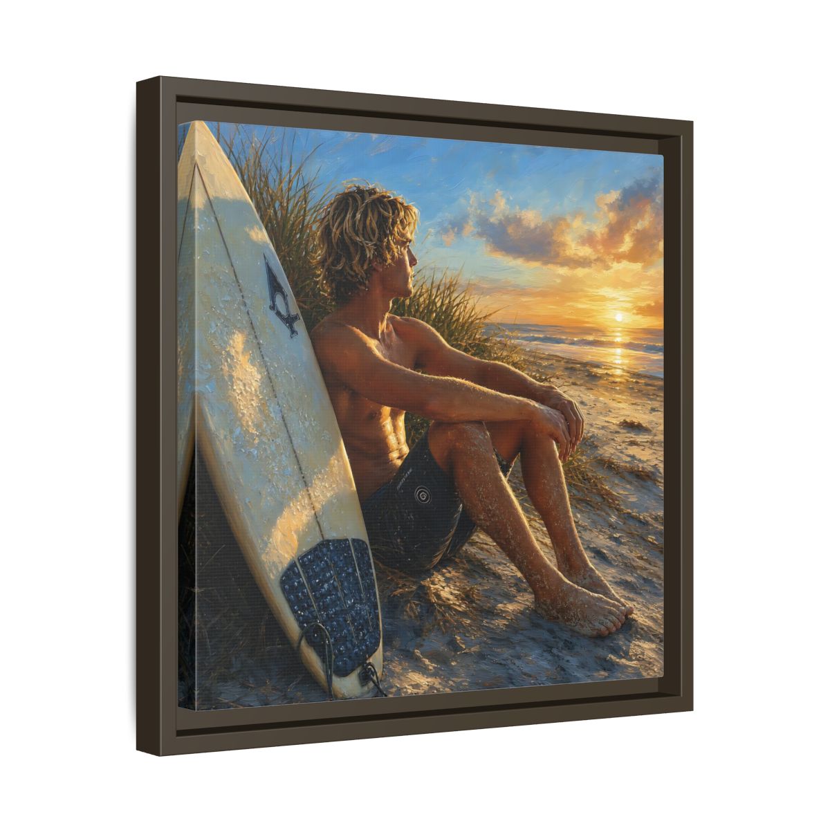 Side Mockup 29. Nature Surfer Surfer Sunset shown as framed canvas print