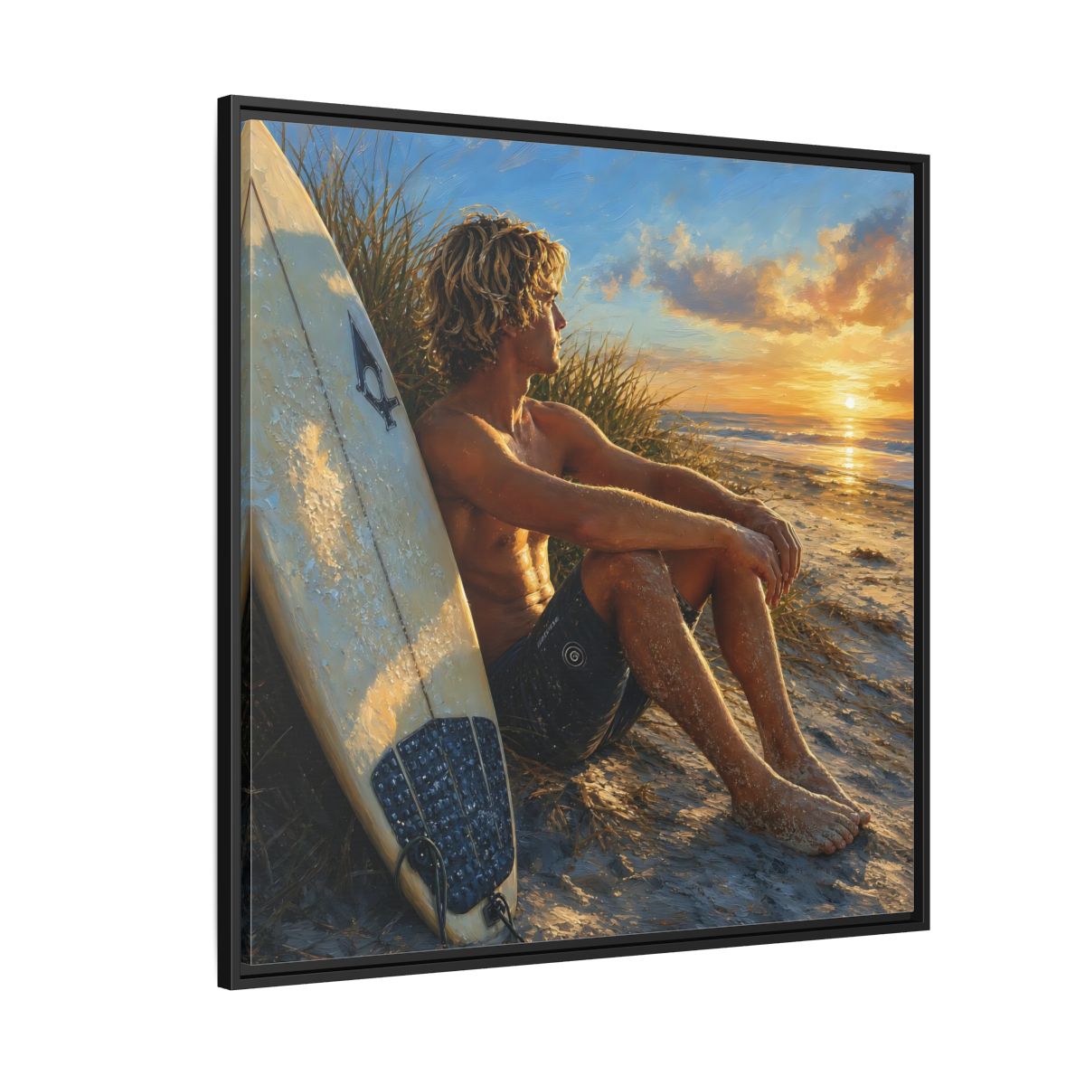 Side Mockup 6. Nature Surfer Surfer Sunset shown as framed canvas print