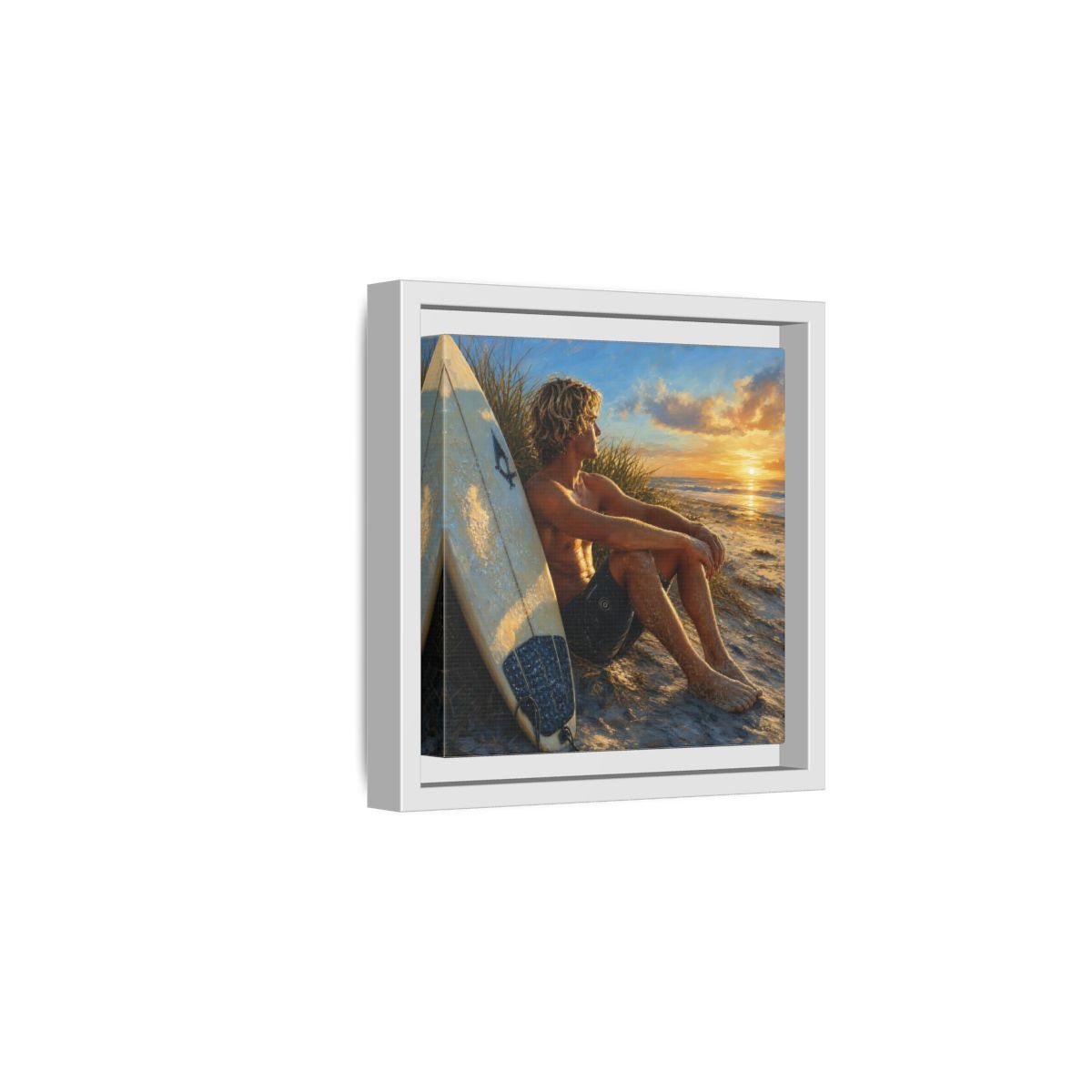 Side Mockup 1. Nature Surfer Surfer Sunset shown as framed canvas print