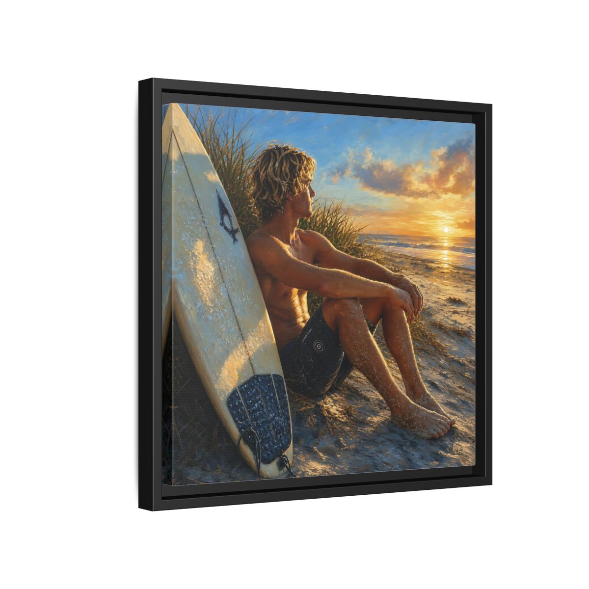 Side Mockup 15. Nature Surfer Surfer Sunset shown as framed canvas print