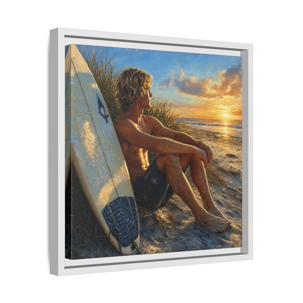 Side Mockup 28. Nature Surfer Surfer Sunset shown as framed canvas print