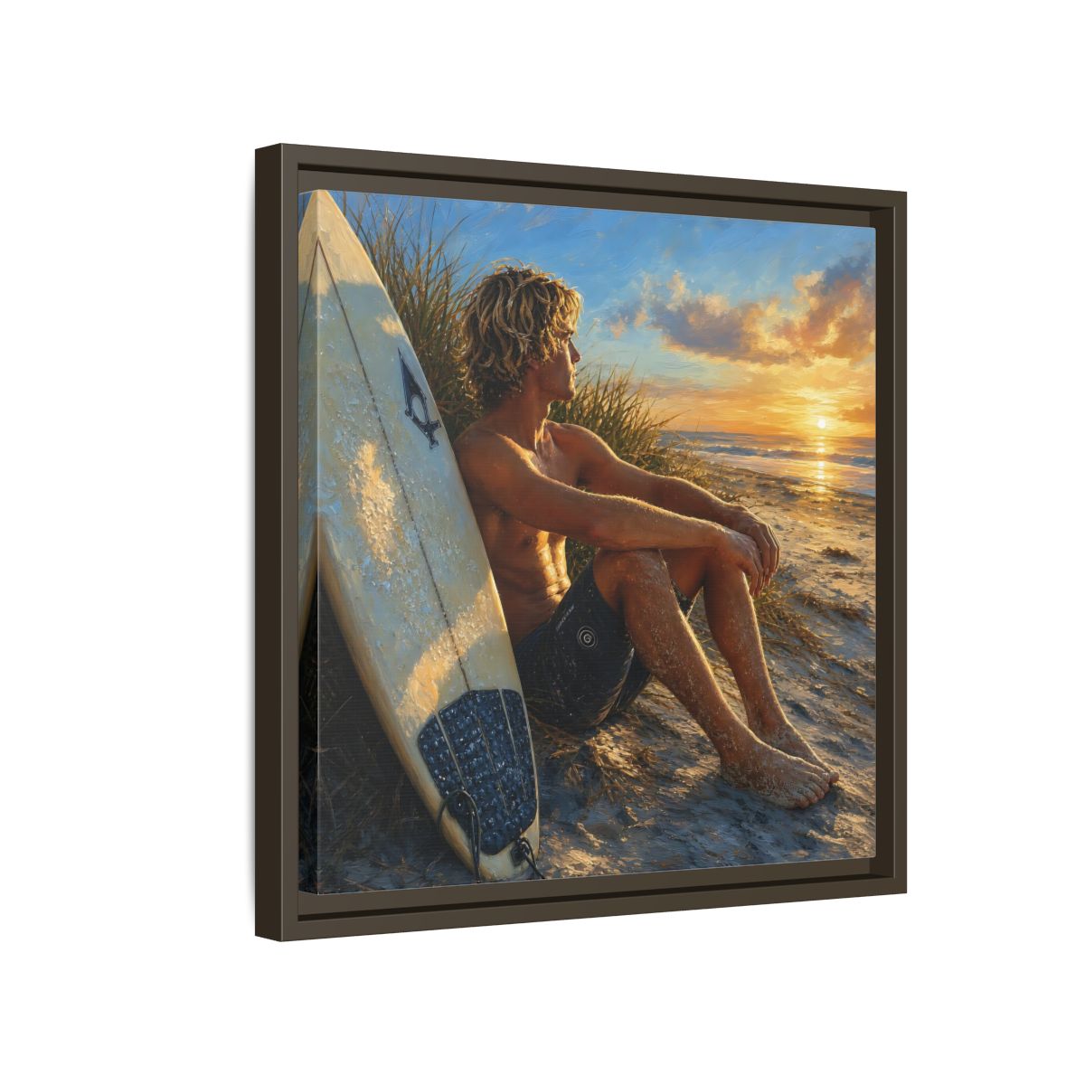 Side Mockup 14. Nature Surfer Surfer Sunset shown as framed canvas print
