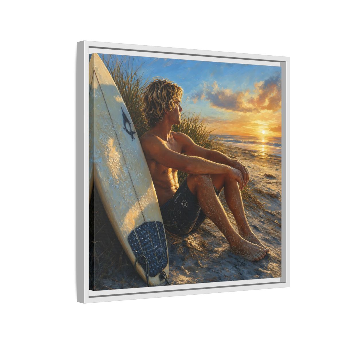 Side Mockup 10. Nature Surfer Surfer Sunset shown as framed canvas print