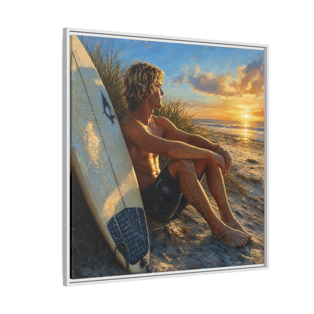 Side Mockup 4. Nature Surfer Surfer Sunset shown as framed canvas print