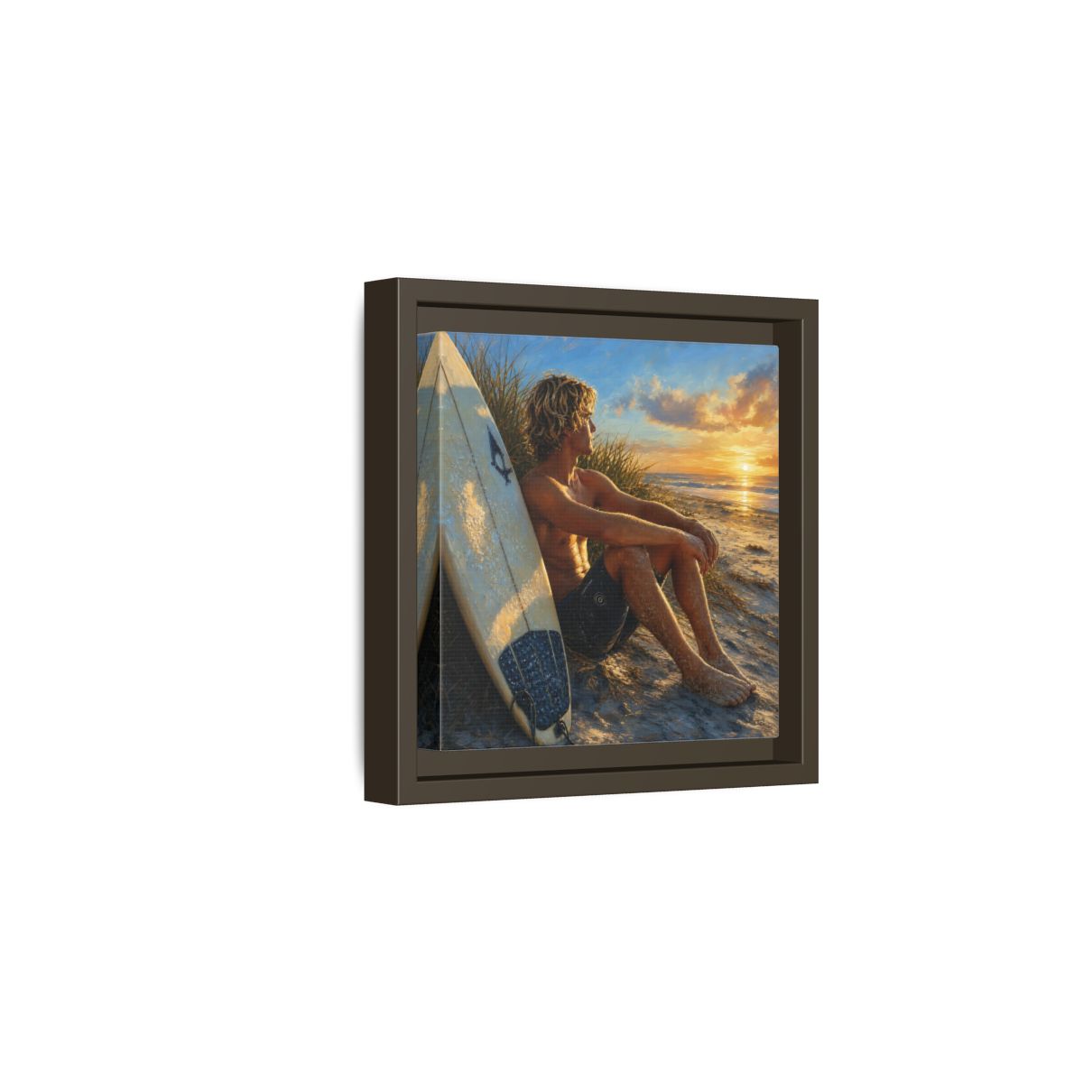 Side Mockup 2. Nature Surfer Surfer Sunset shown as framed canvas print