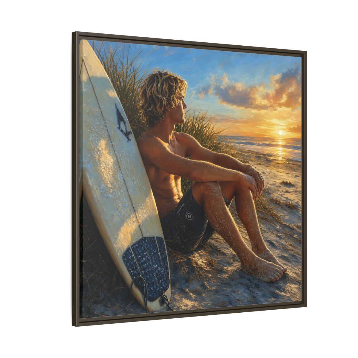Side Mockup 5. Nature Surfer Surfer Sunset shown as framed canvas print