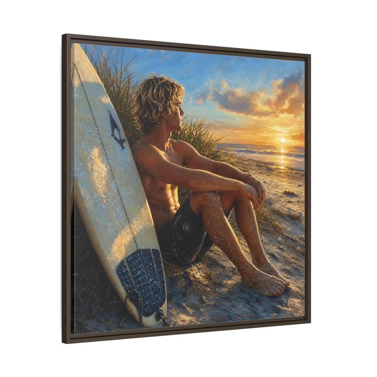 Main Mockup. Nature Surfer Surfer Sunset shown as framed canvas print