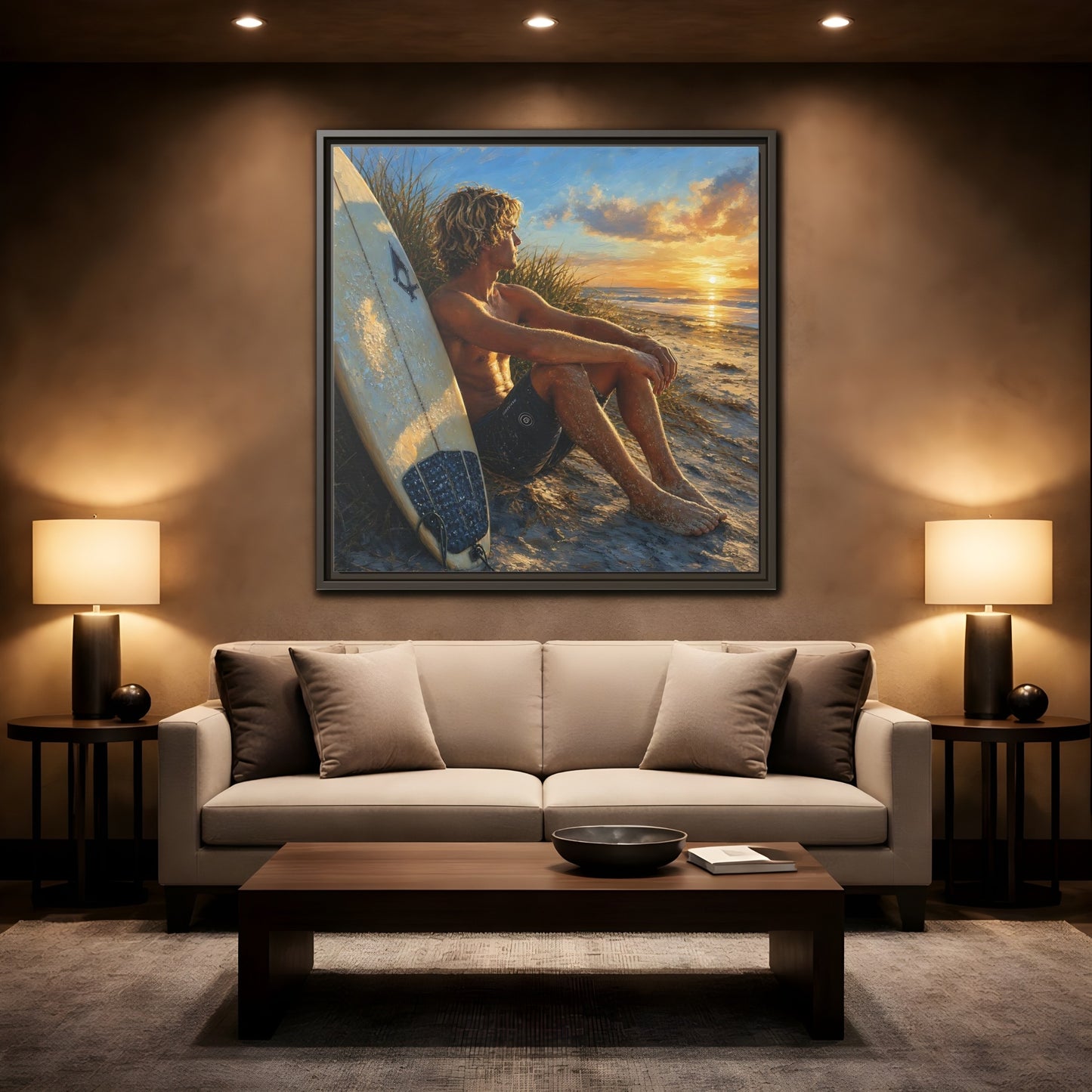 Mockup 2. Nature Surfer Surfer Sunset shown as framed canvas print