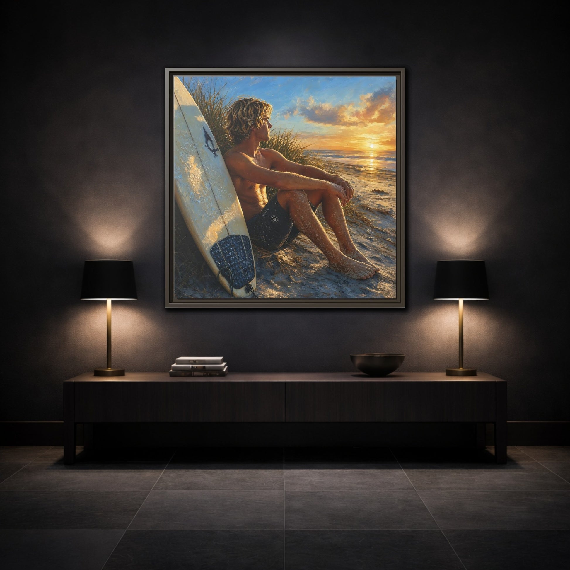 Mockup 3. Nature Surfer Surfer Sunset shown as framed canvas print