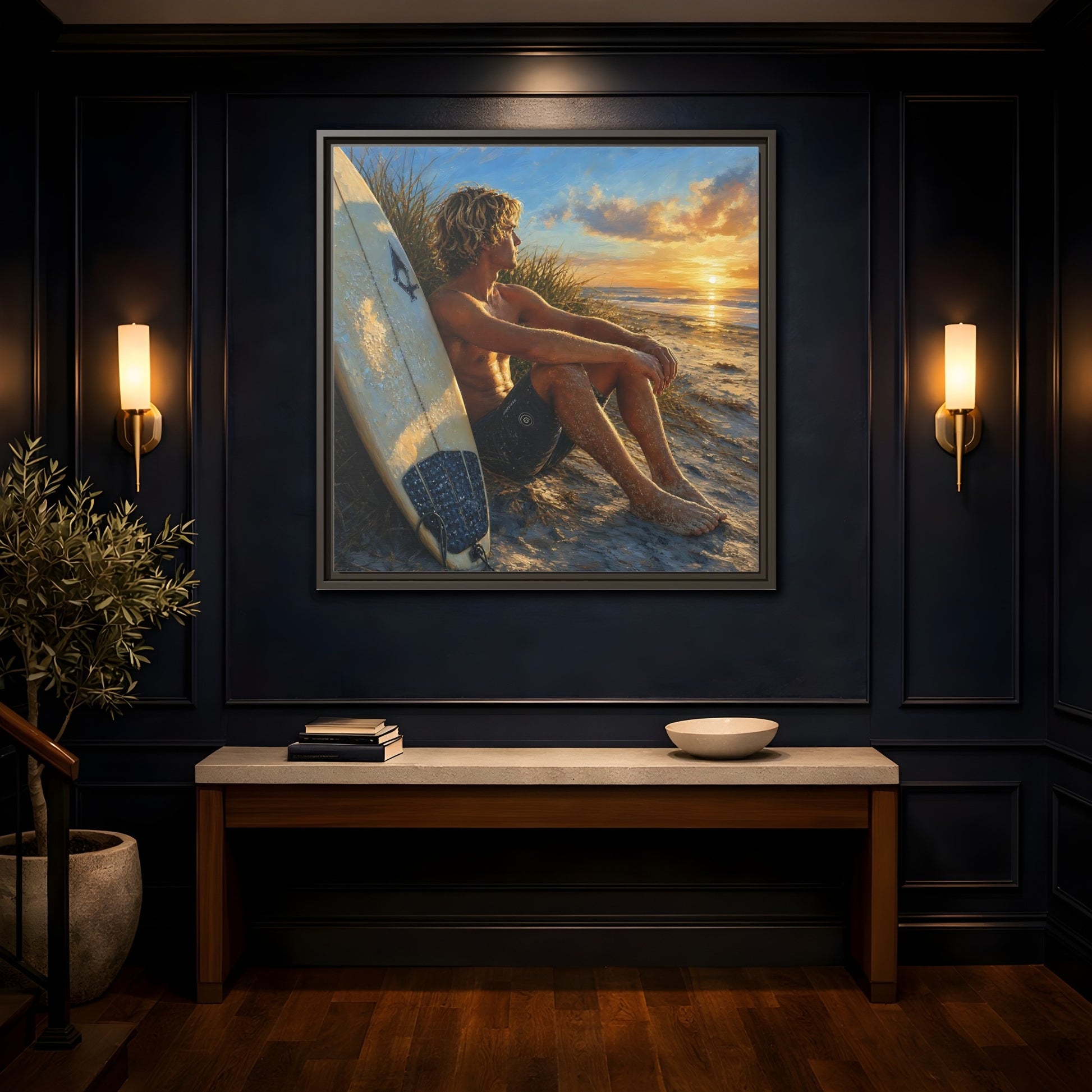 Mockup 4. Nature Surfer Surfer Sunset shown as framed canvas print