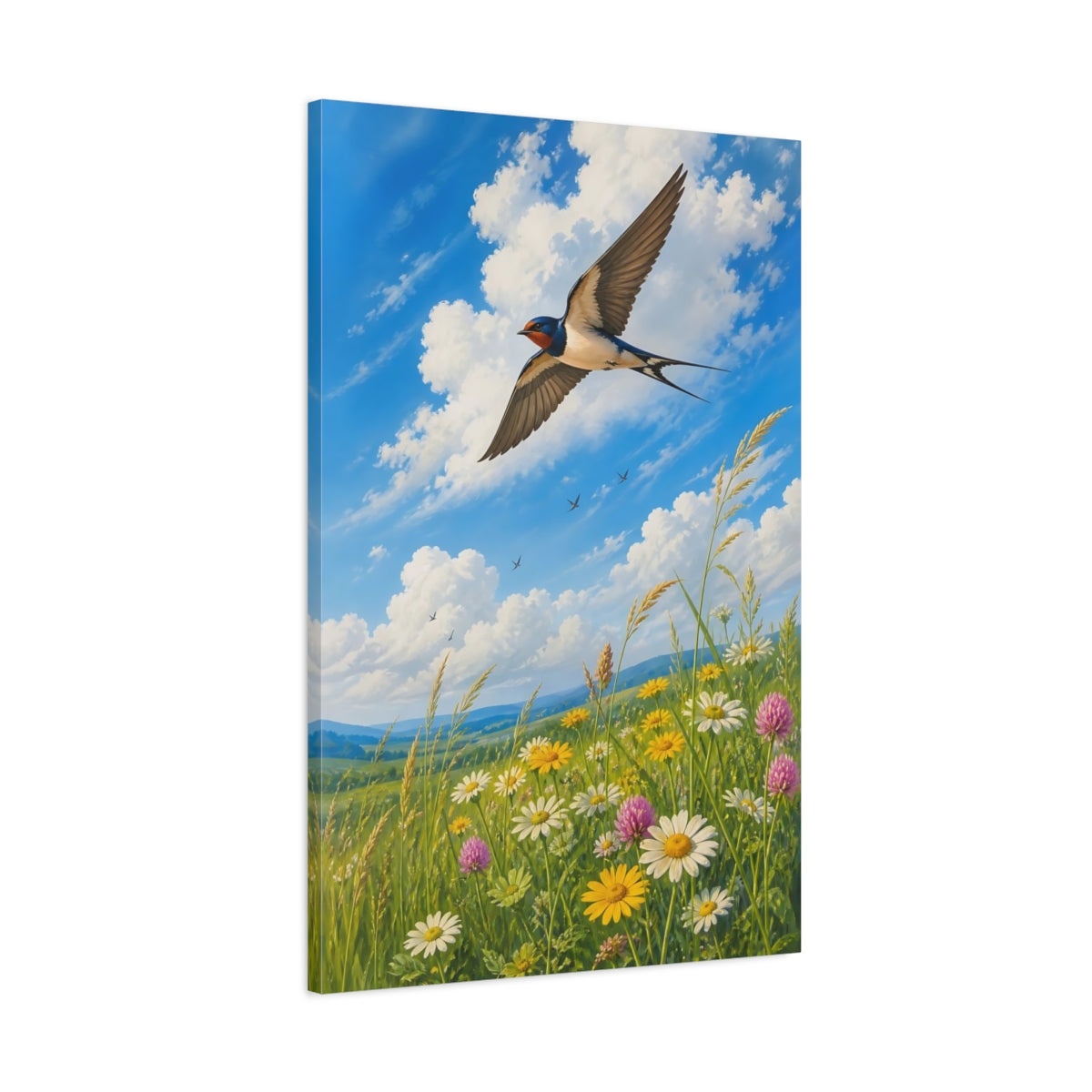 Main Mockup. Nature Swallow Blue Sky Meadow shown as stretched canvas wall art