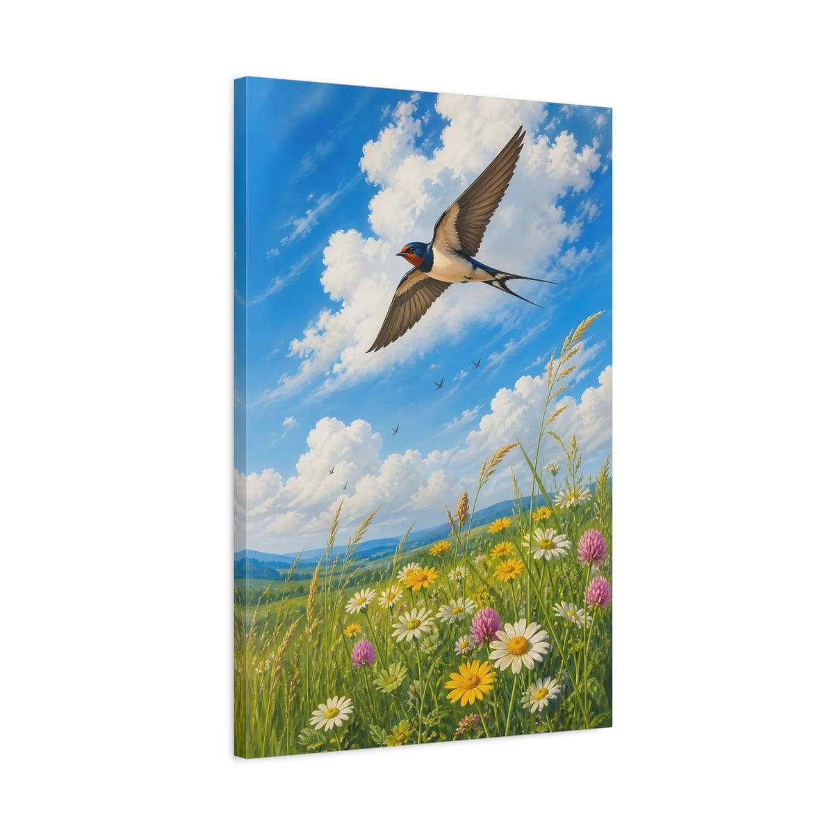 Side Mockup 2. Nature Swallow Blue Sky Meadow shown as stretched canvas wall art