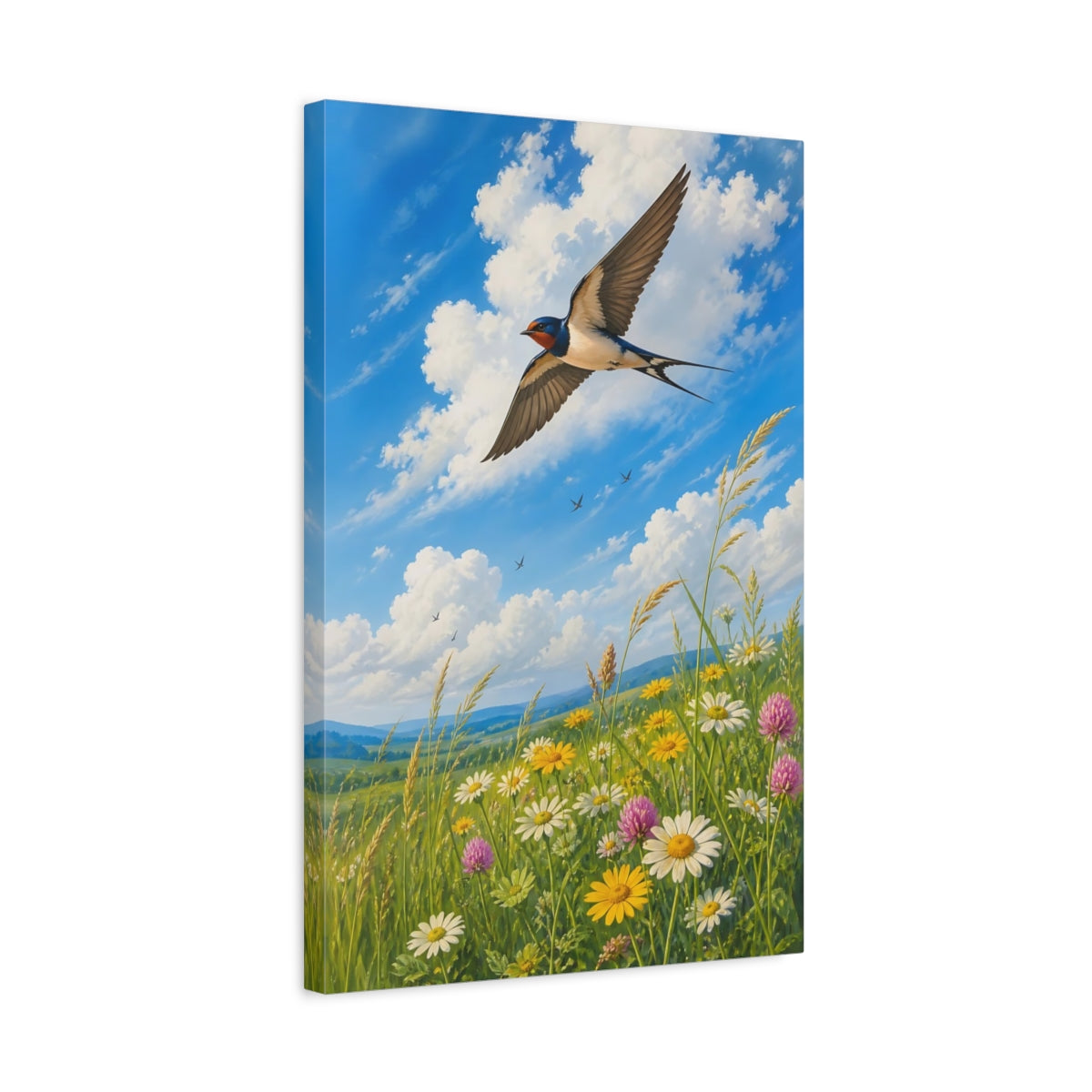 Side Mockup 3. Nature Swallow Blue Sky Meadow shown as stretched canvas wall art