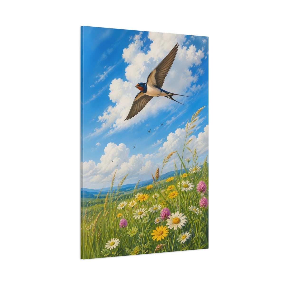 Side Mockup 1. Nature Swallow Blue Sky Meadow shown as stretched canvas wall art