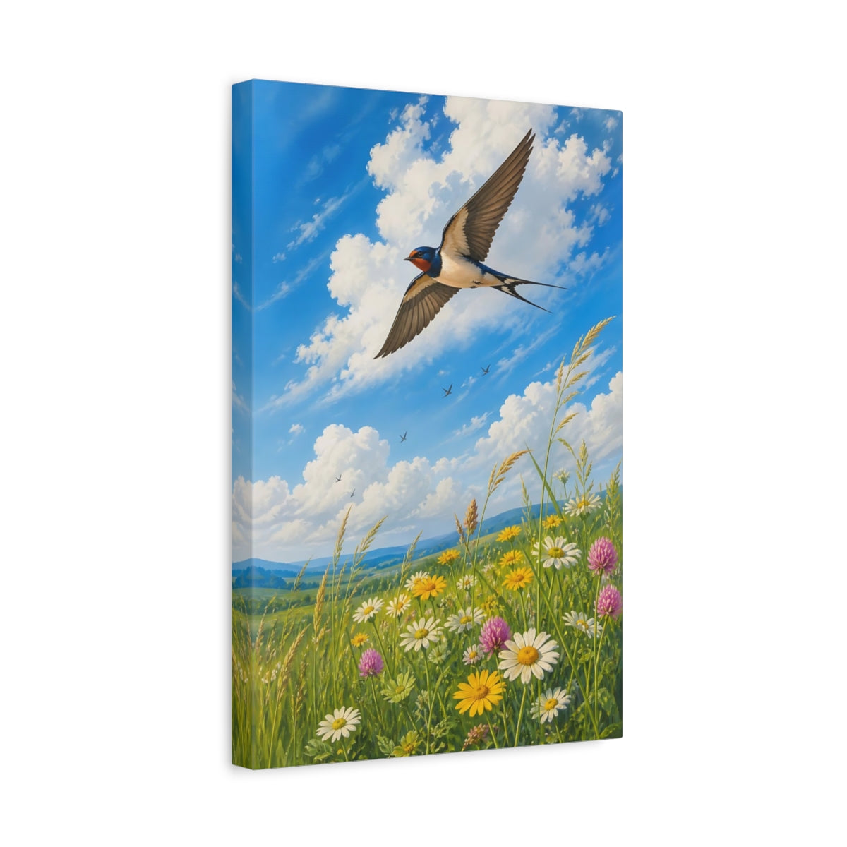 Side Mockup 4. Nature Swallow Blue Sky Meadow shown as stretched canvas wall art