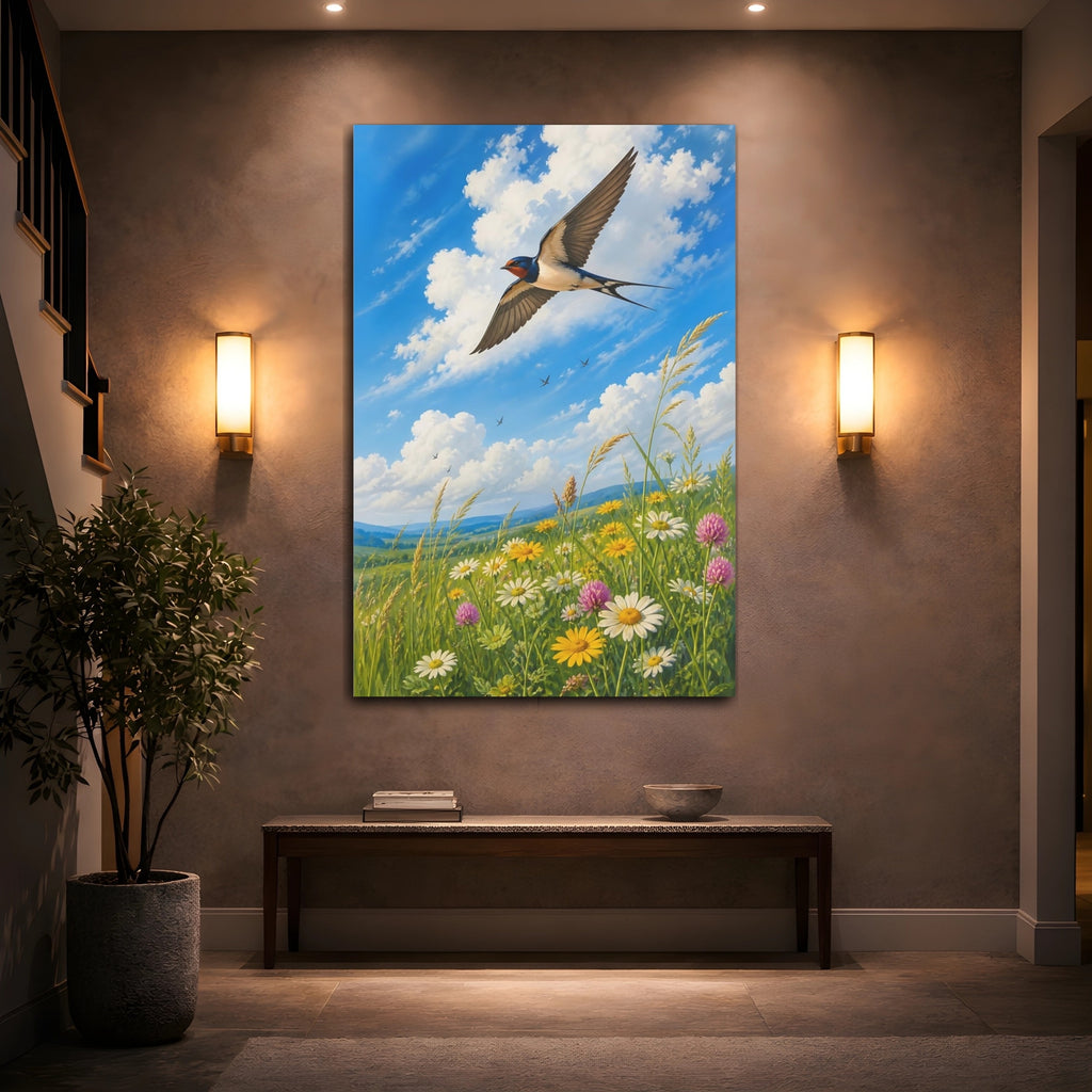 Mockup 2. Nature Swallow Blue Sky Meadow shown as stretched canvas wall art