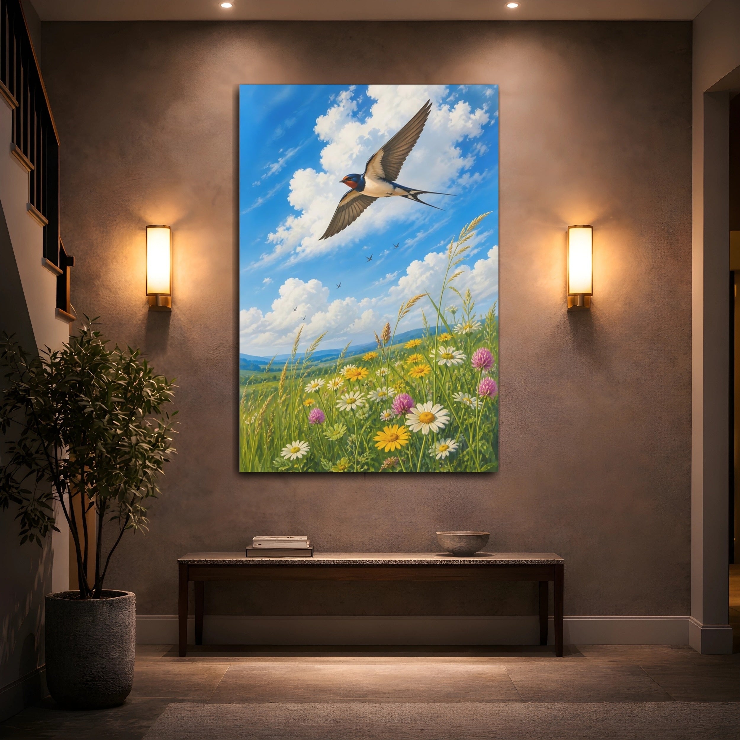 Mockup 2. Nature Swallow Blue Sky Meadow shown as stretched canvas wall art