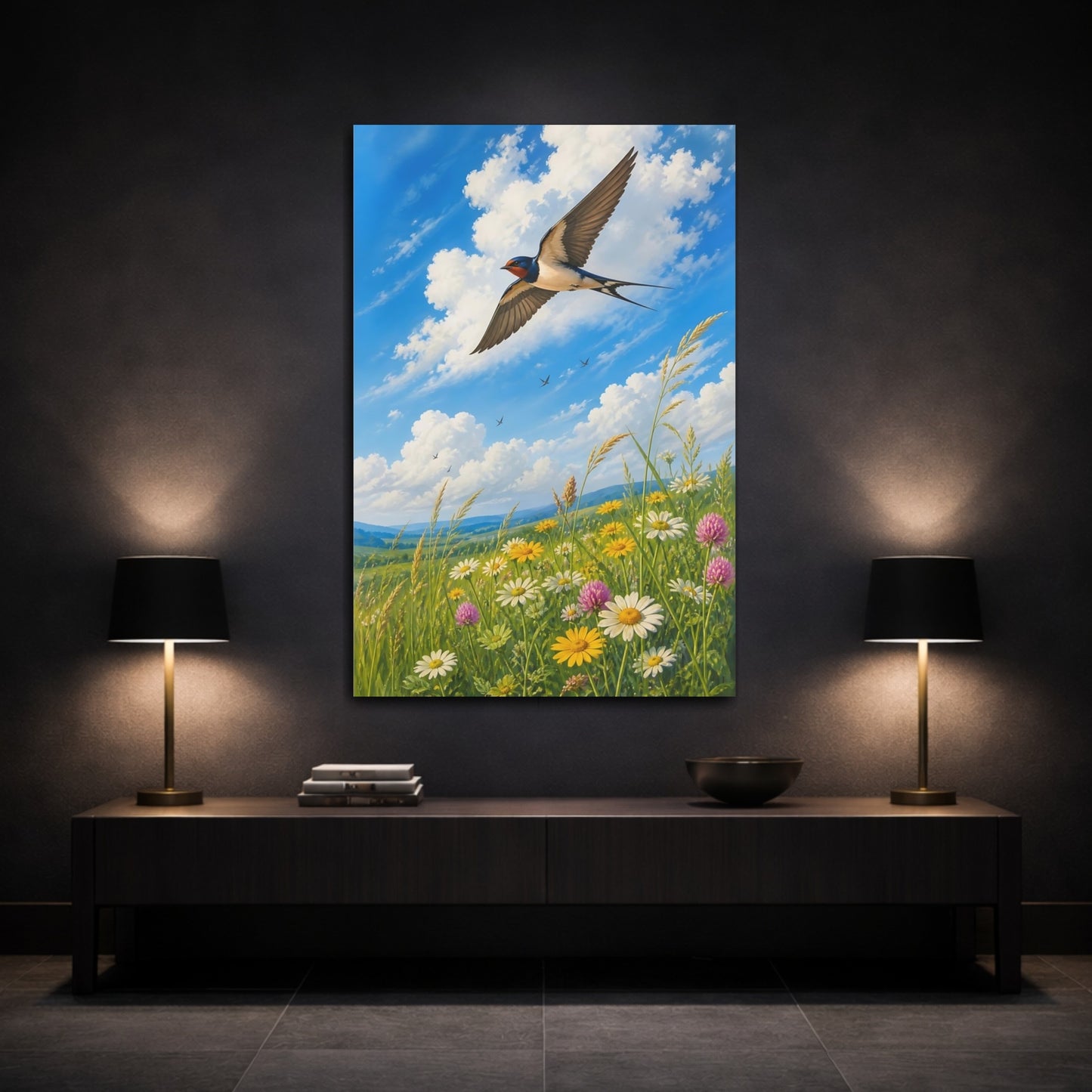 Mockup 3. Nature Swallow Blue Sky Meadow shown as stretched canvas wall art