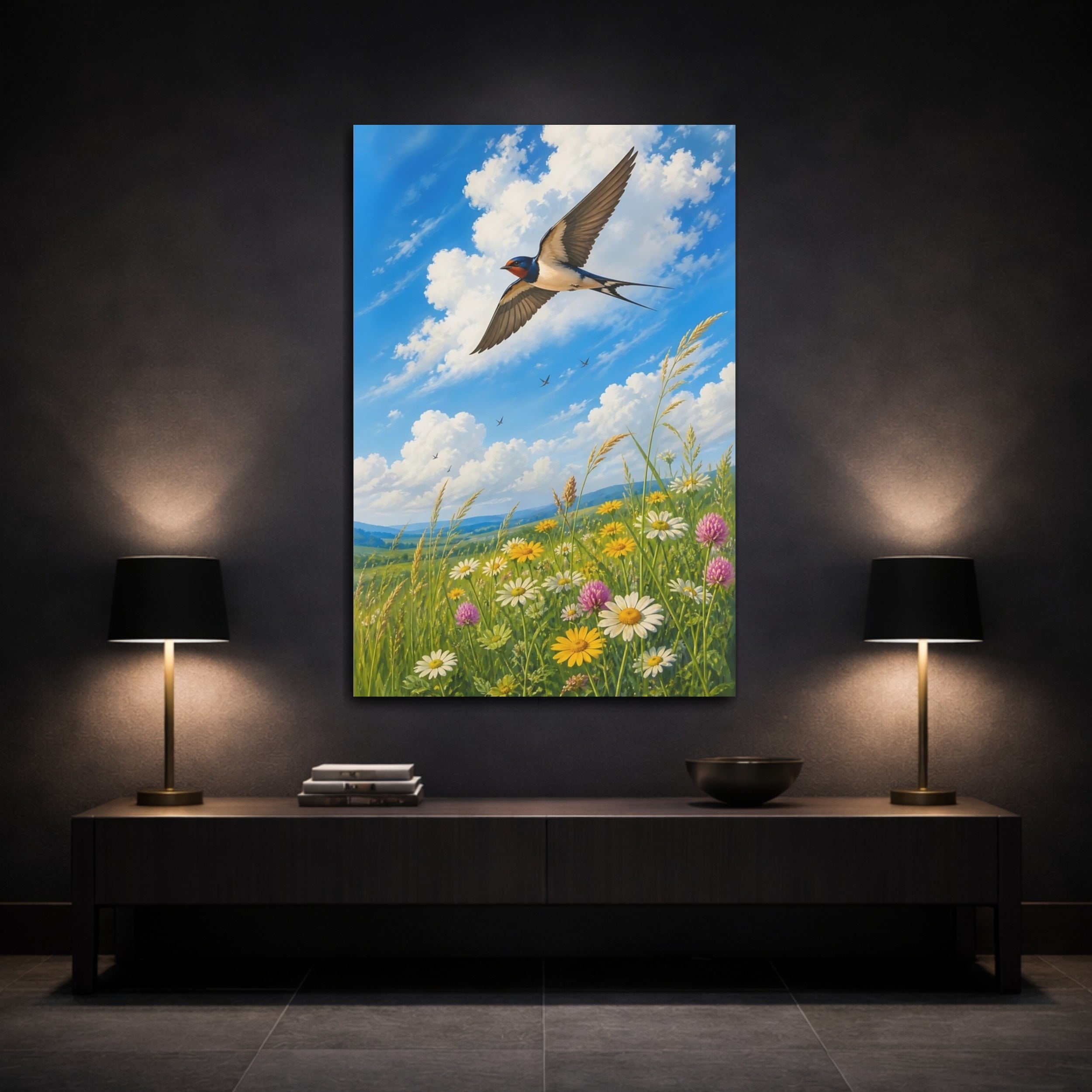 Mockup 3. Nature Swallow Blue Sky Meadow shown as stretched canvas wall art