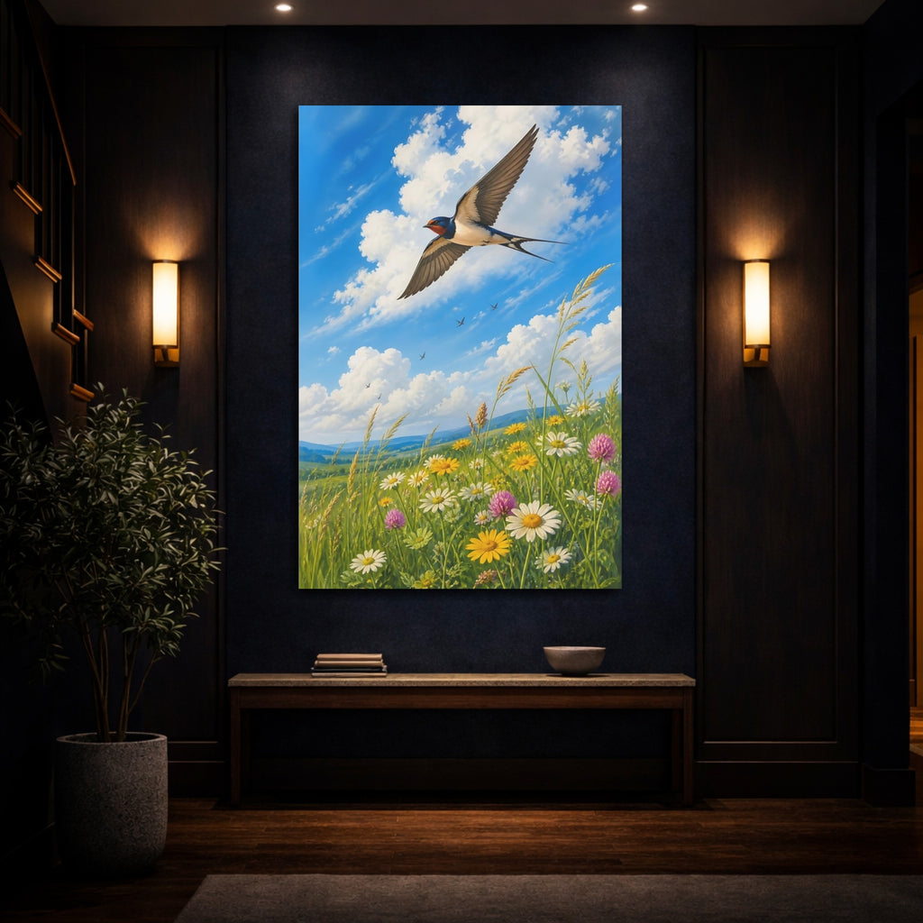 Mockup 4. Nature Swallow Blue Sky Meadow shown as stretched canvas wall art