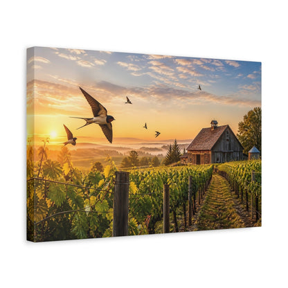 Side Mockup 4. Nature Swallows Golden Swallows shown as stretched canvas wall art