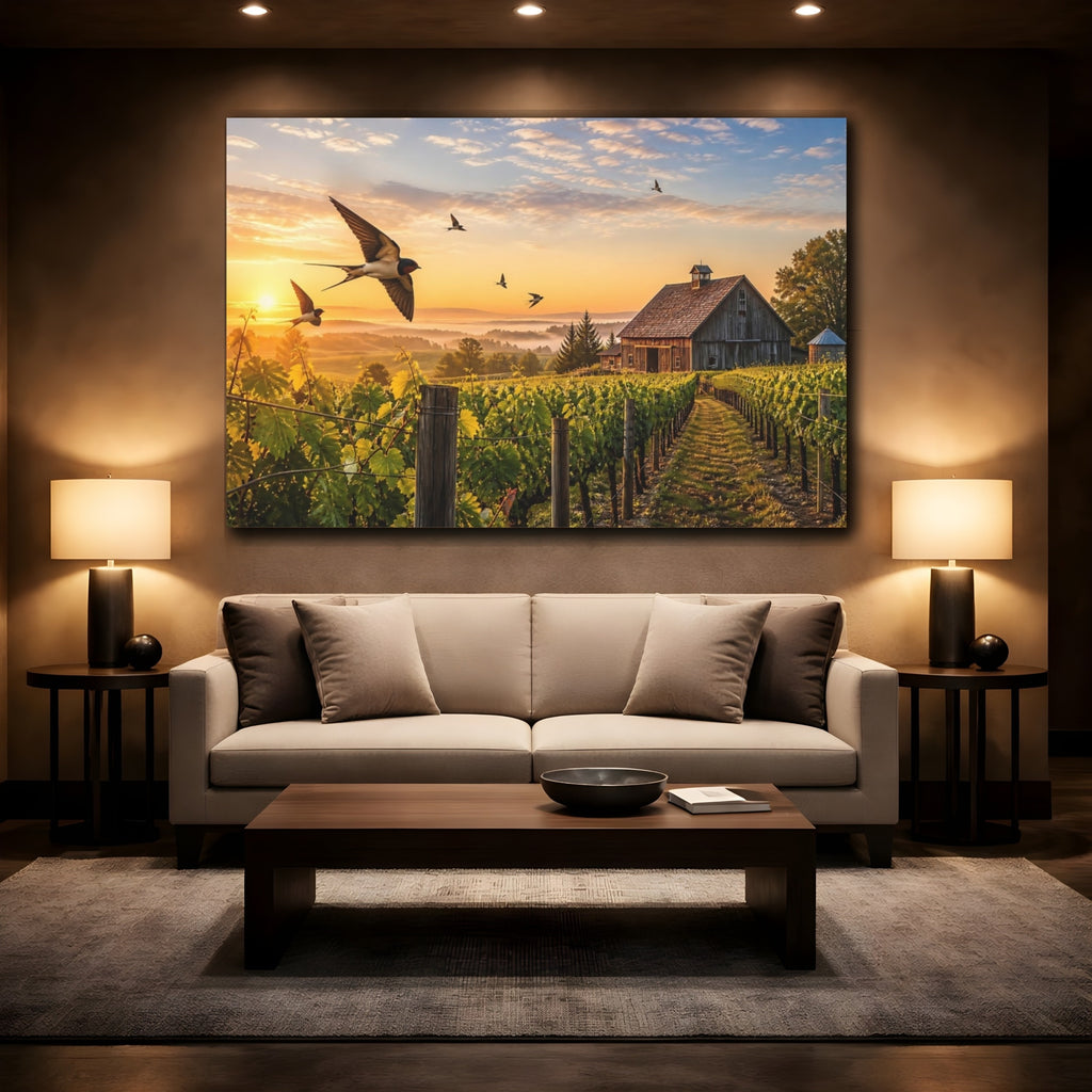 Mockup 2. Nature Swallows Golden Swallows shown as stretched canvas wall art
