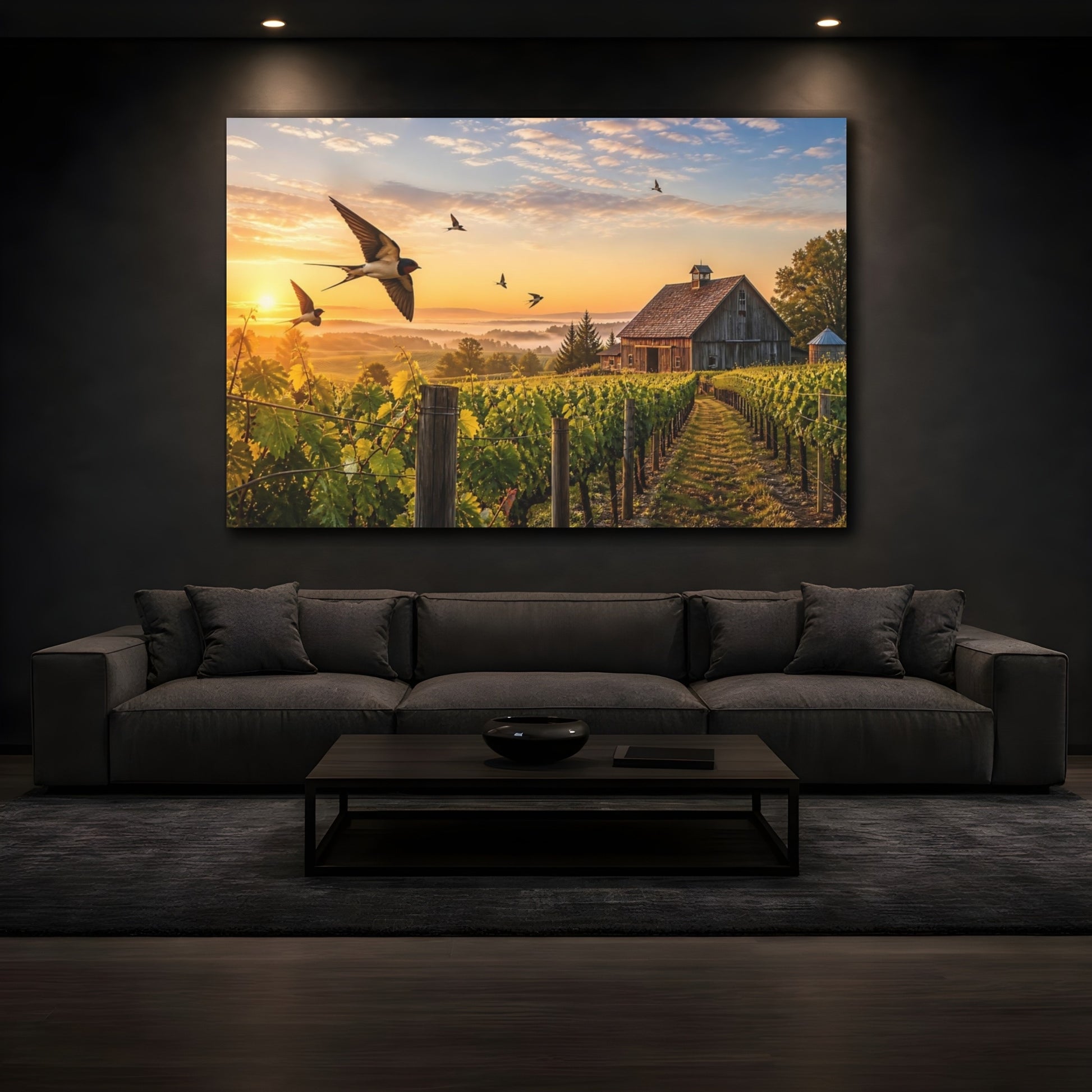 Mockup 3. Nature Swallows Golden Swallows shown as stretched canvas wall art