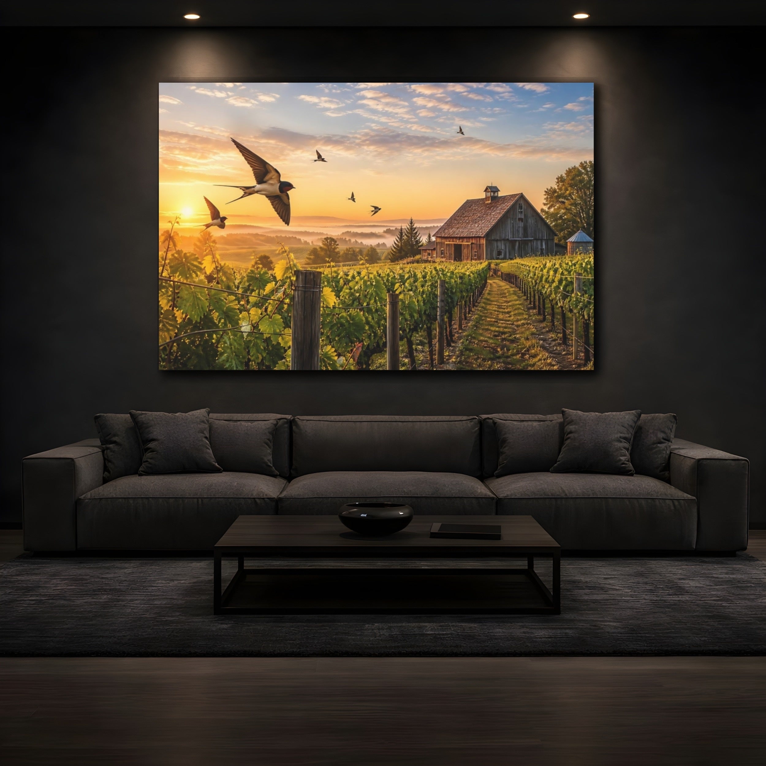 Mockup 3. Nature Swallows Golden Swallows shown as stretched canvas wall art