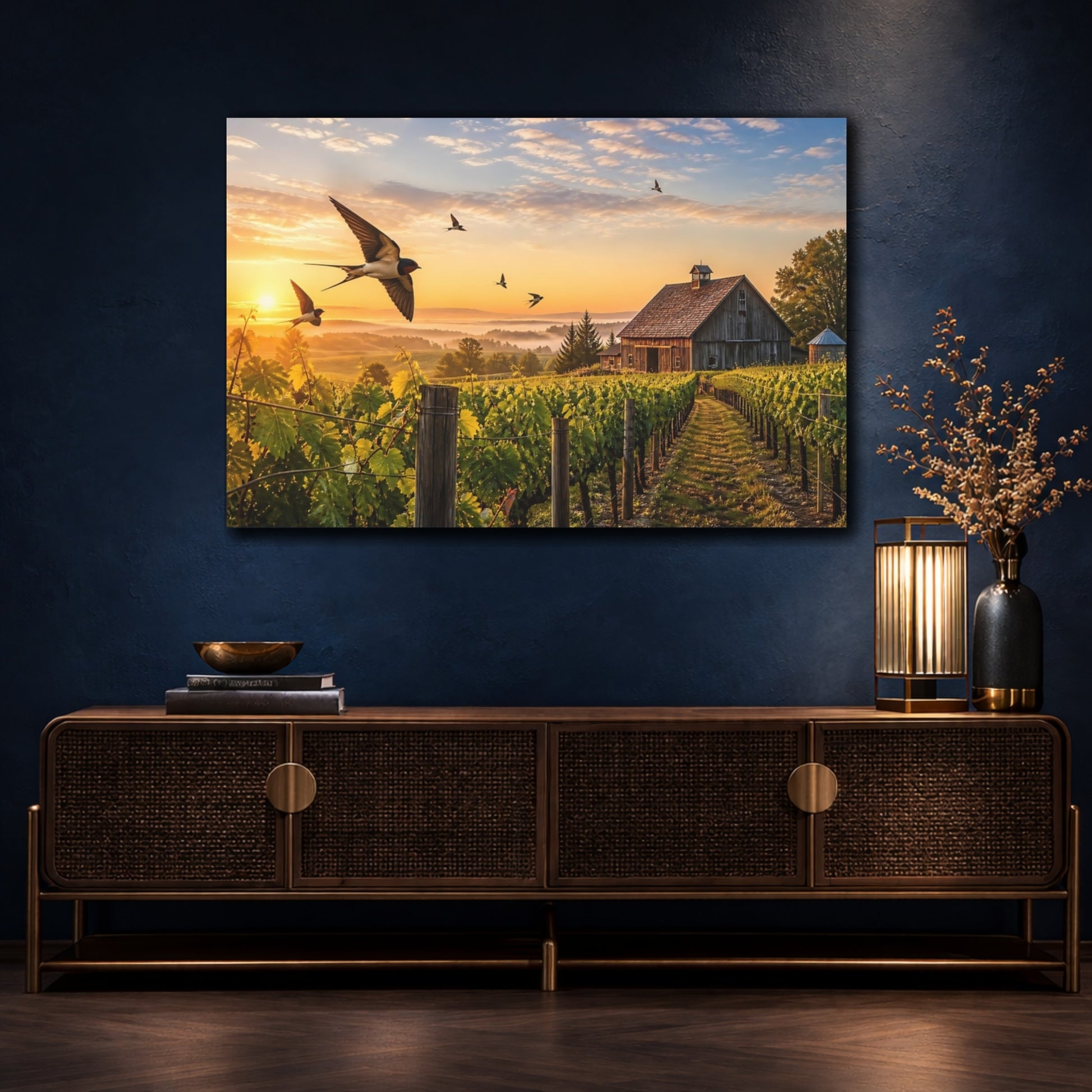 Mockup 4. Nature Swallows Golden Swallows shown as stretched canvas wall art