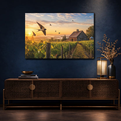 Mockup 4. Nature Swallows Golden Swallows shown as stretched canvas wall art