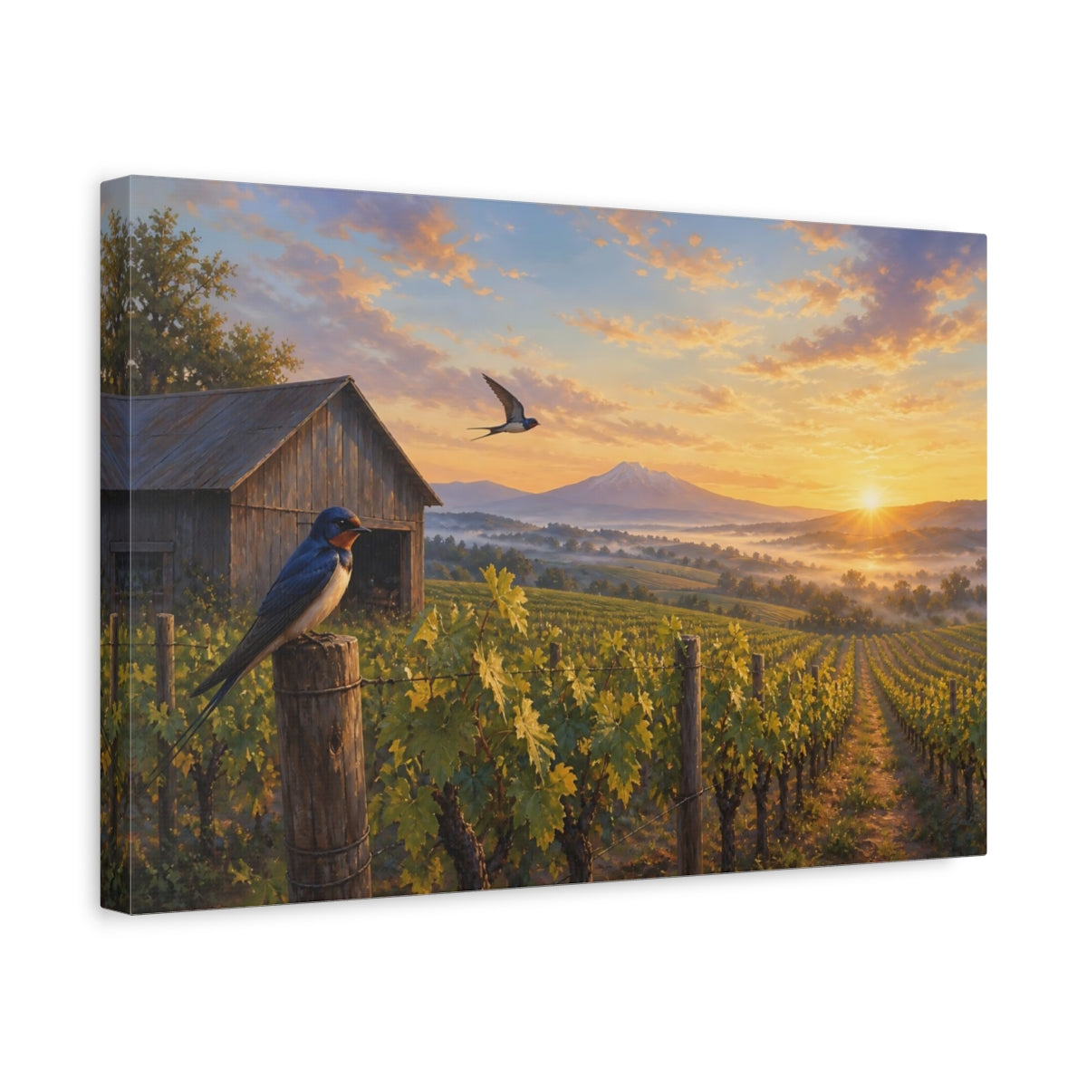 Side Mockup 4. Nature Swallows Warm Vineyard Swallows shown as stretched canvas wall art