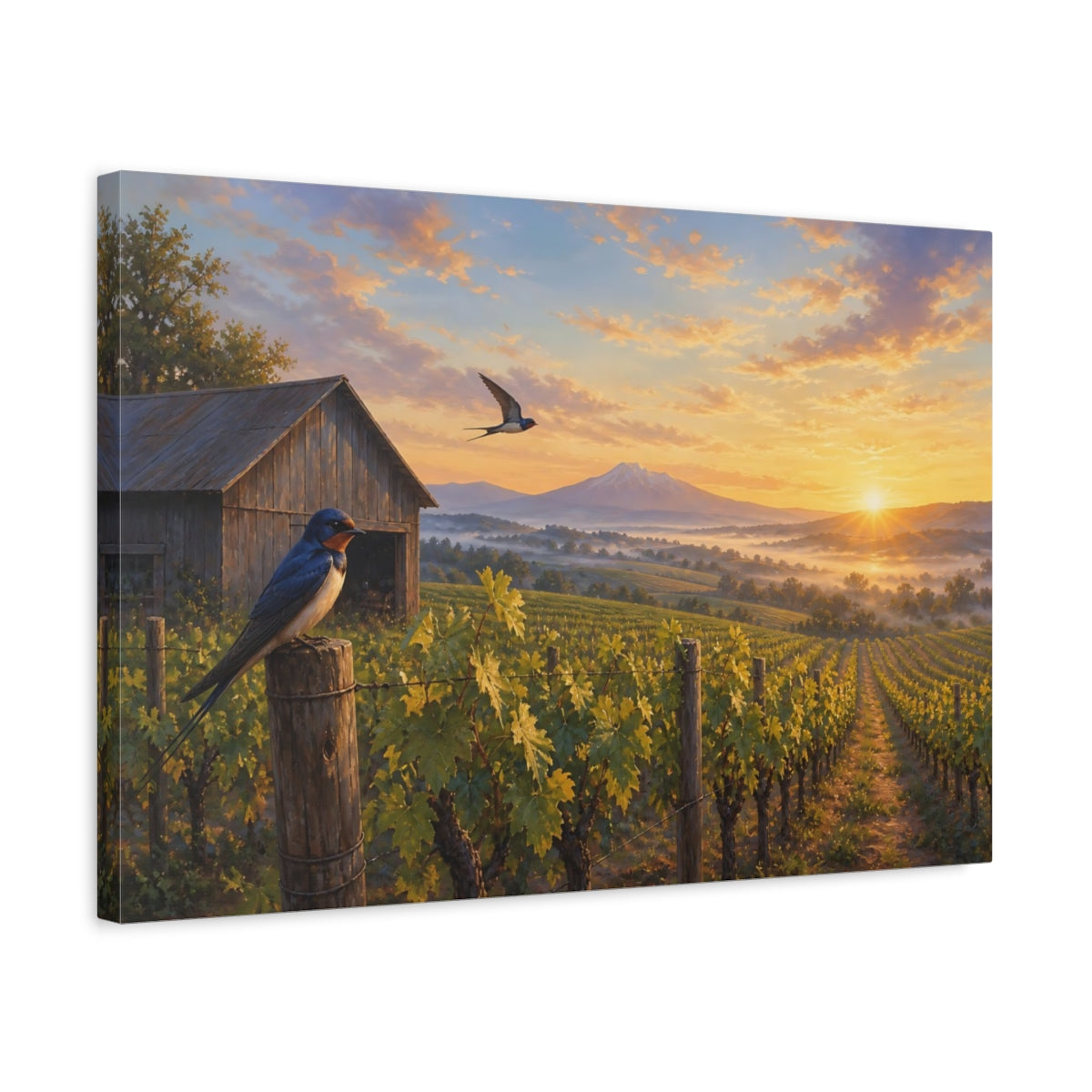 Side Mockup 3. Nature Swallows Warm Vineyard Swallows shown as stretched canvas wall art
