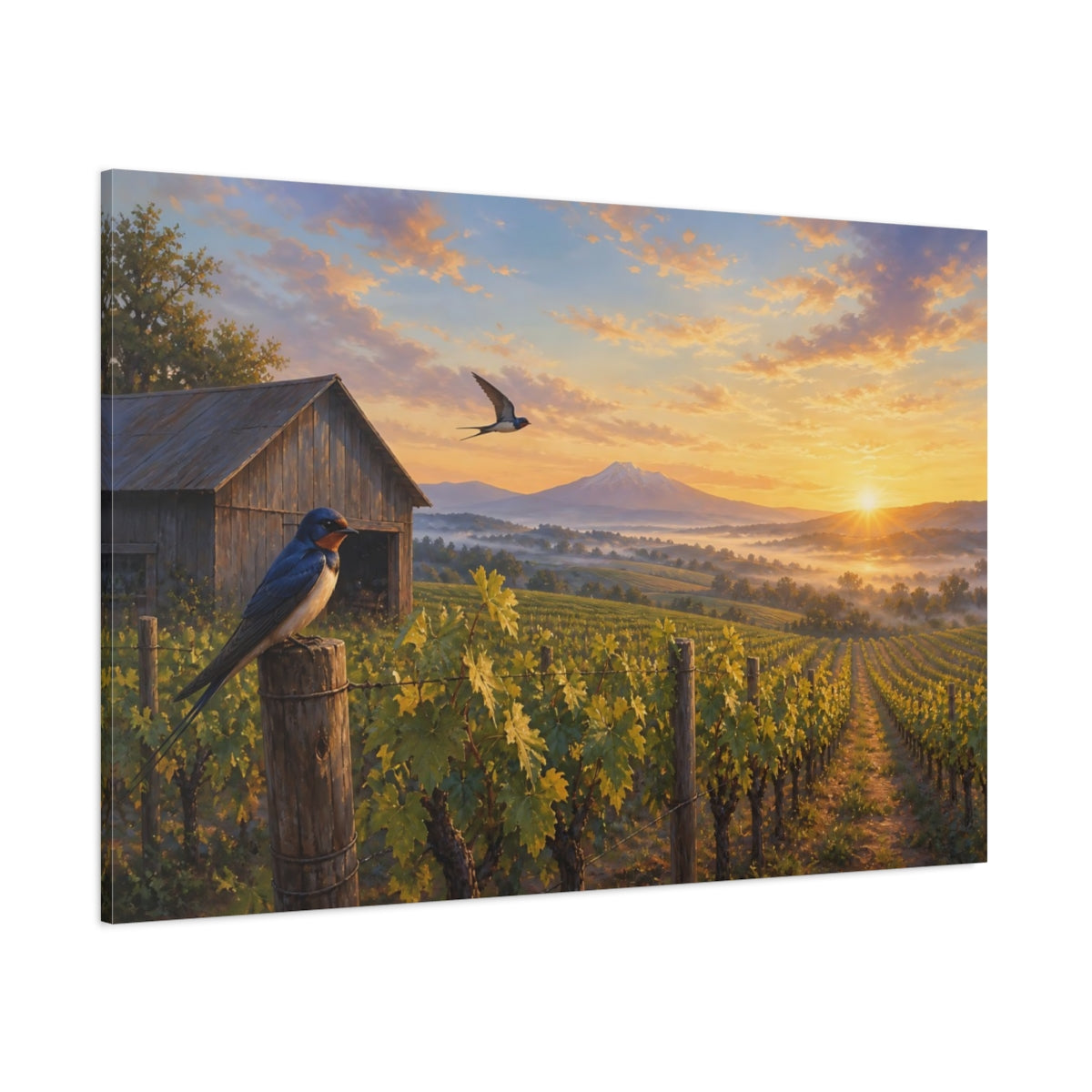 Side Mockup 1. Nature Swallows Warm Vineyard Swallows shown as stretched canvas wall art