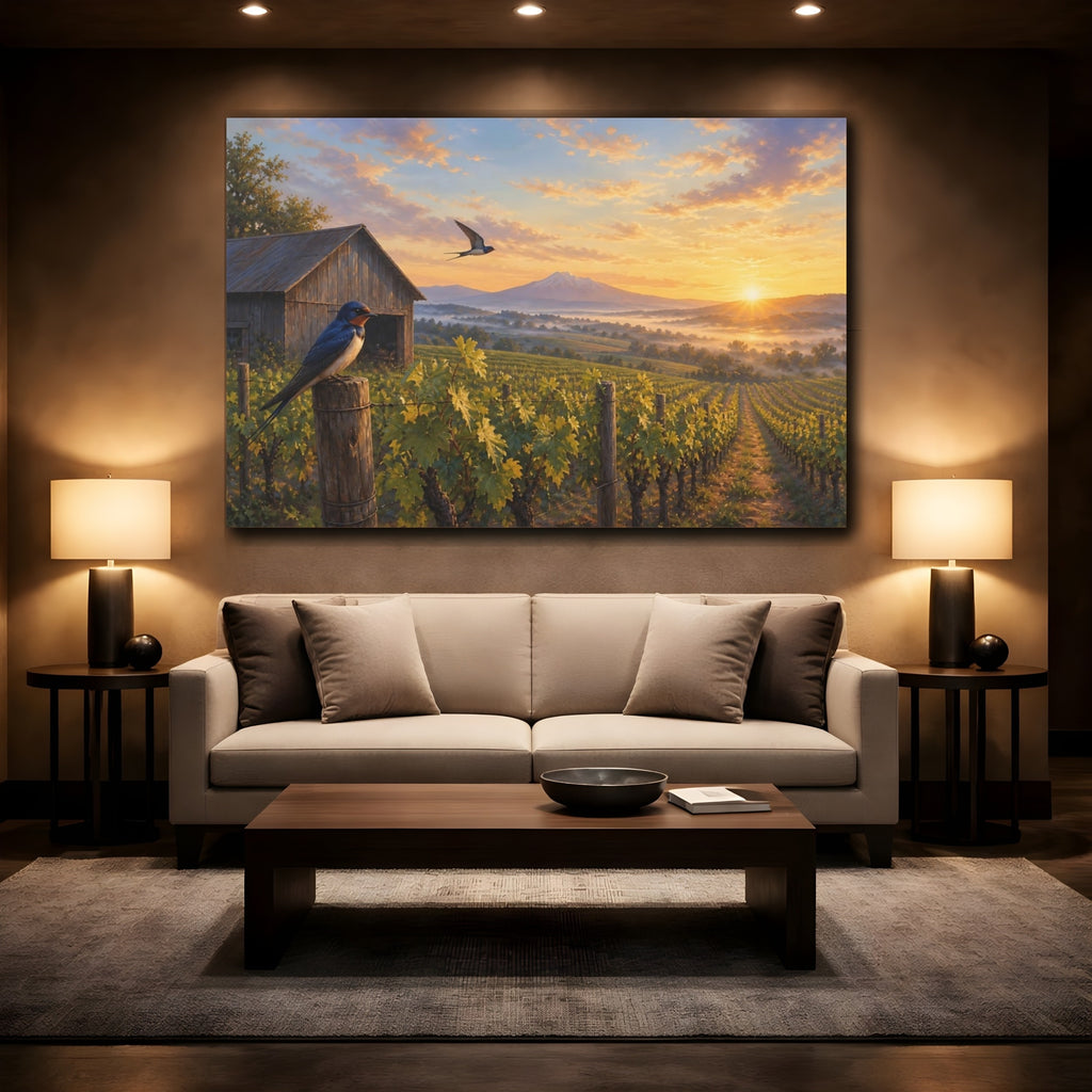 Mockup 2. Nature Swallows Warm Vineyard Swallows shown as stretched canvas wall art