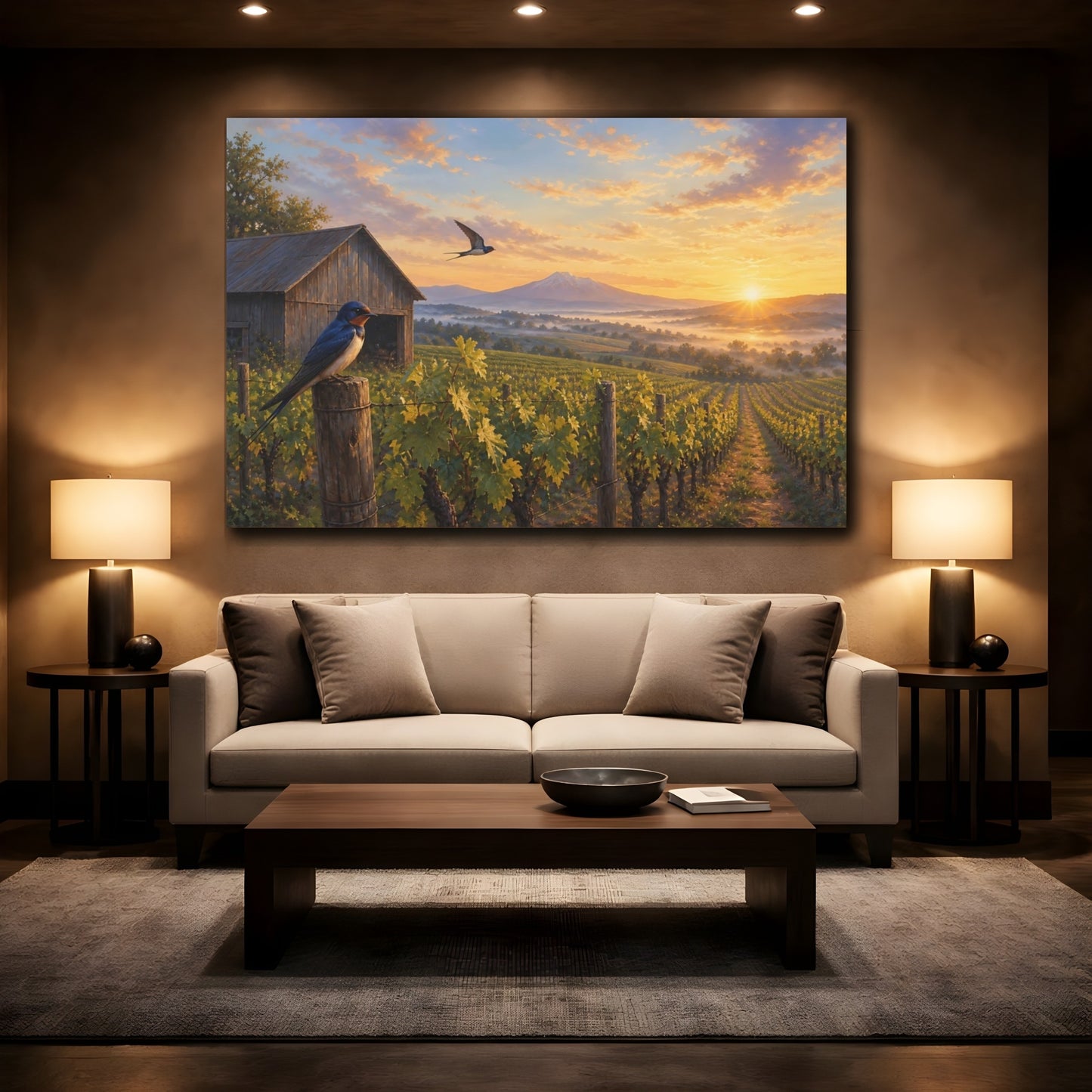 Mockup 2. Nature Swallows Warm Vineyard Swallows shown as stretched canvas wall art