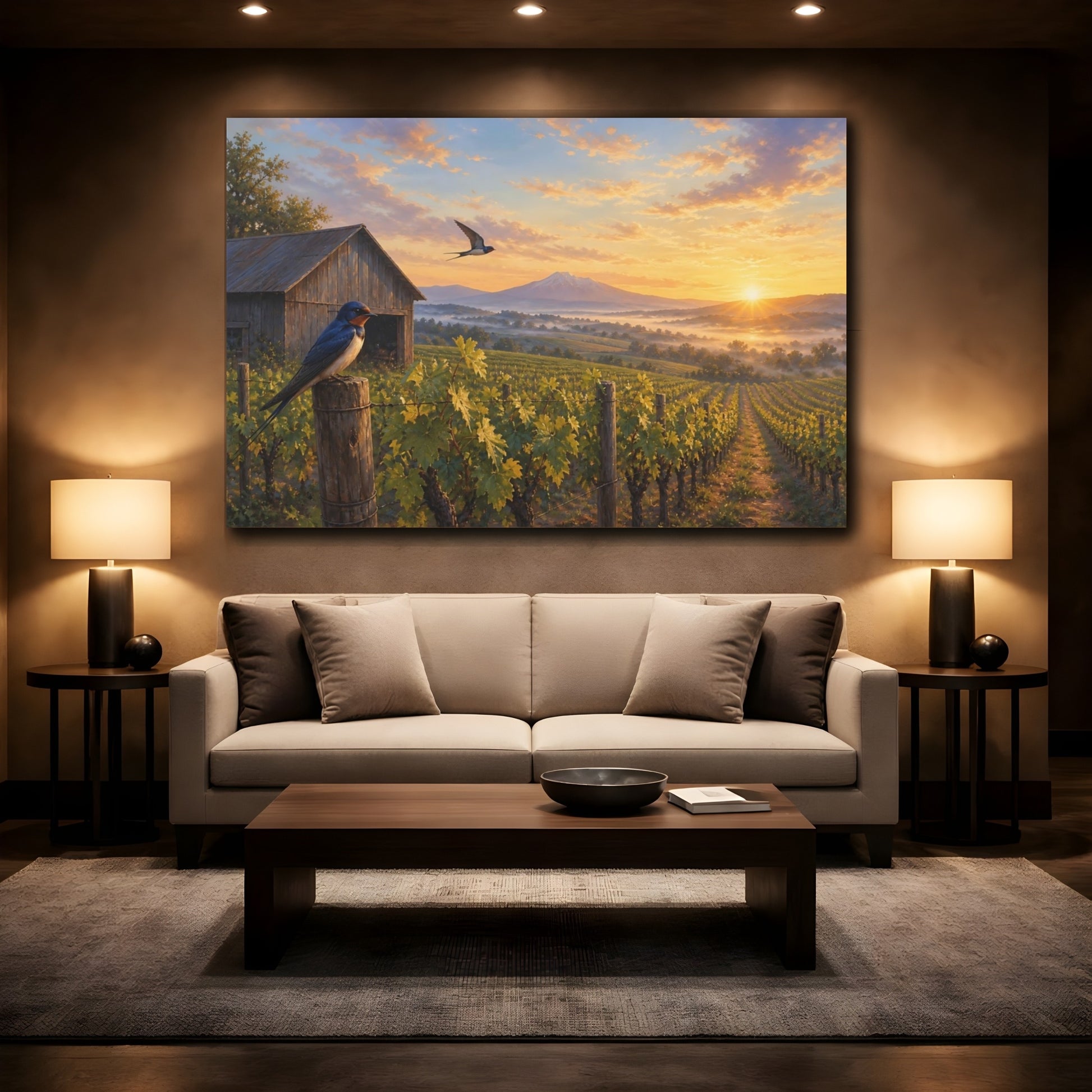 Mockup 2. Nature Swallows Warm Vineyard Swallows shown as stretched canvas wall art