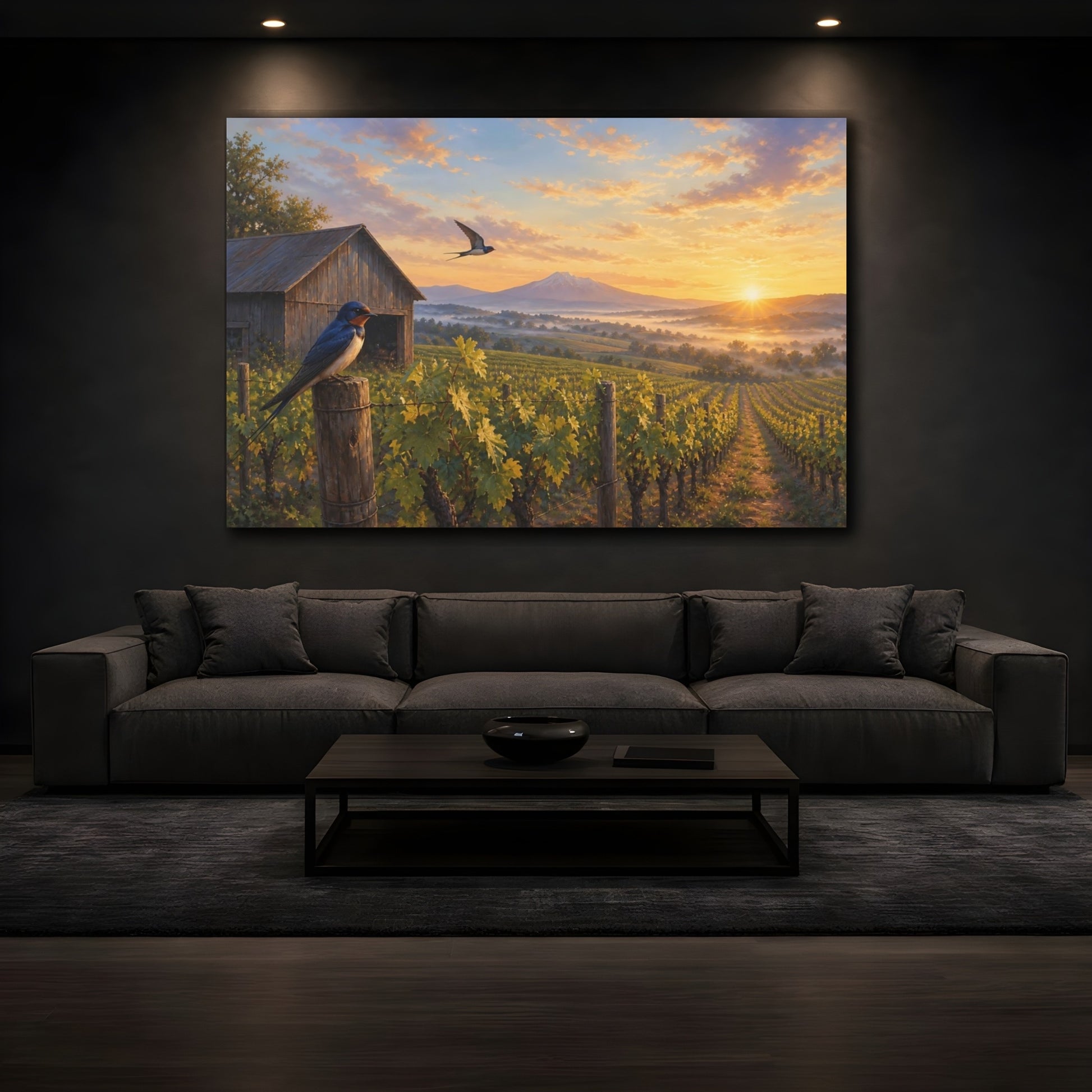 Mockup 3. Nature Swallows Warm Vineyard Swallows shown as stretched canvas wall art