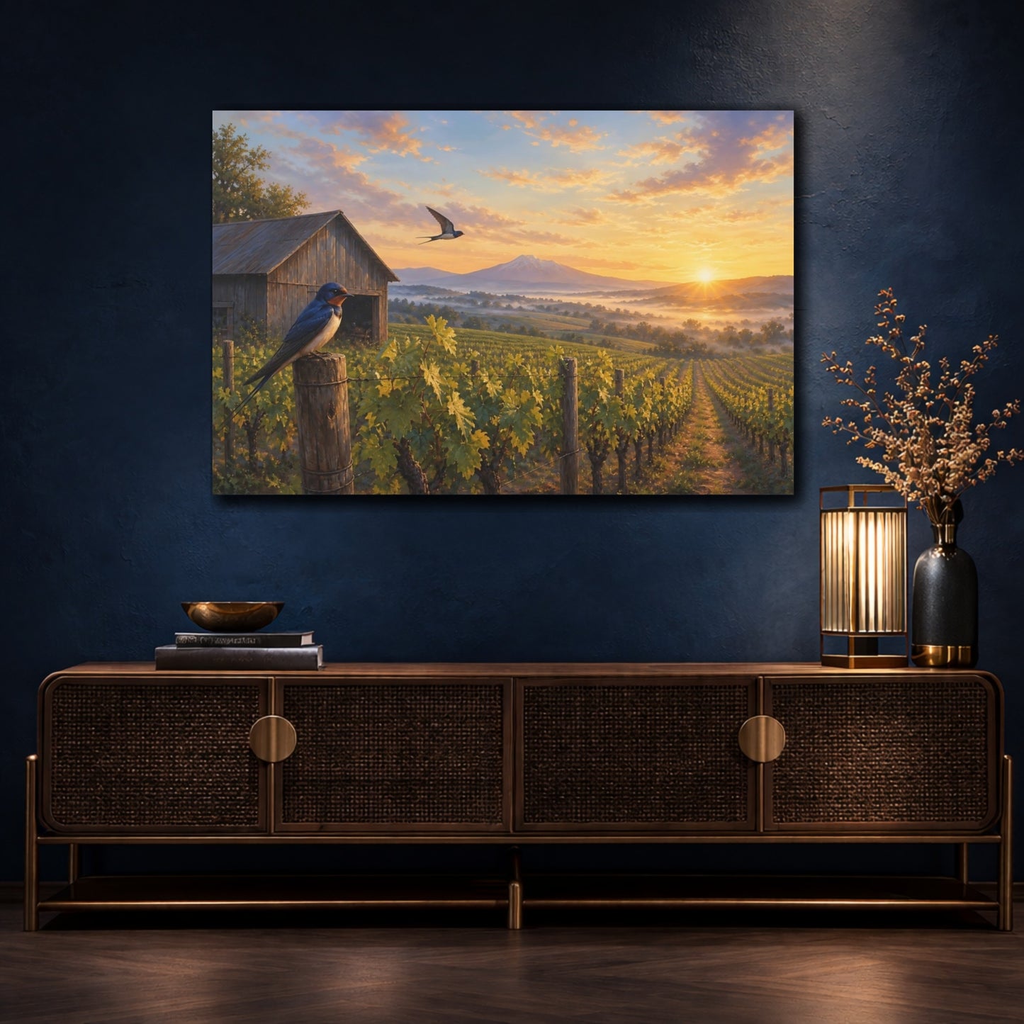 Mockup 4. Nature Swallows Warm Vineyard Swallows shown as stretched canvas wall art