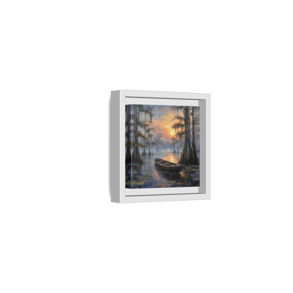Side Mockup 22. Nature Swamp Boat Cypress Swamp Sunset shown as stretched canvas wall art