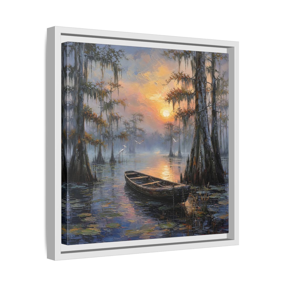 Side Mockup 28. Nature Swamp Boat Cypress Swamp Sunset shown as stretched canvas wall art