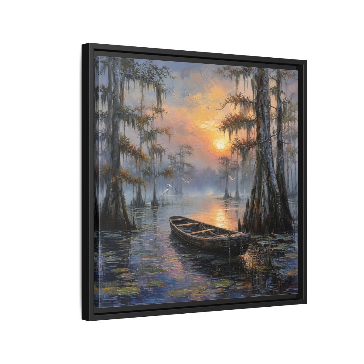 Side Mockup 12. Nature Swamp Boat Cypress Swamp Sunset shown as stretched canvas wall art