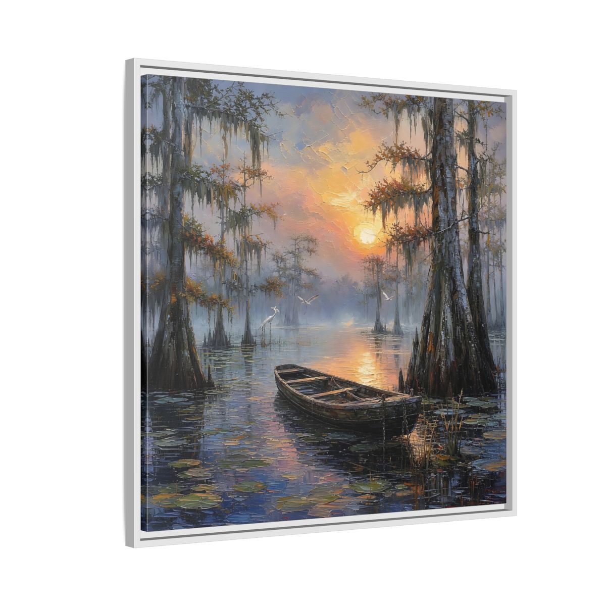 Side Mockup 7. Nature Swamp Boat Cypress Swamp Sunset shown as stretched canvas wall art