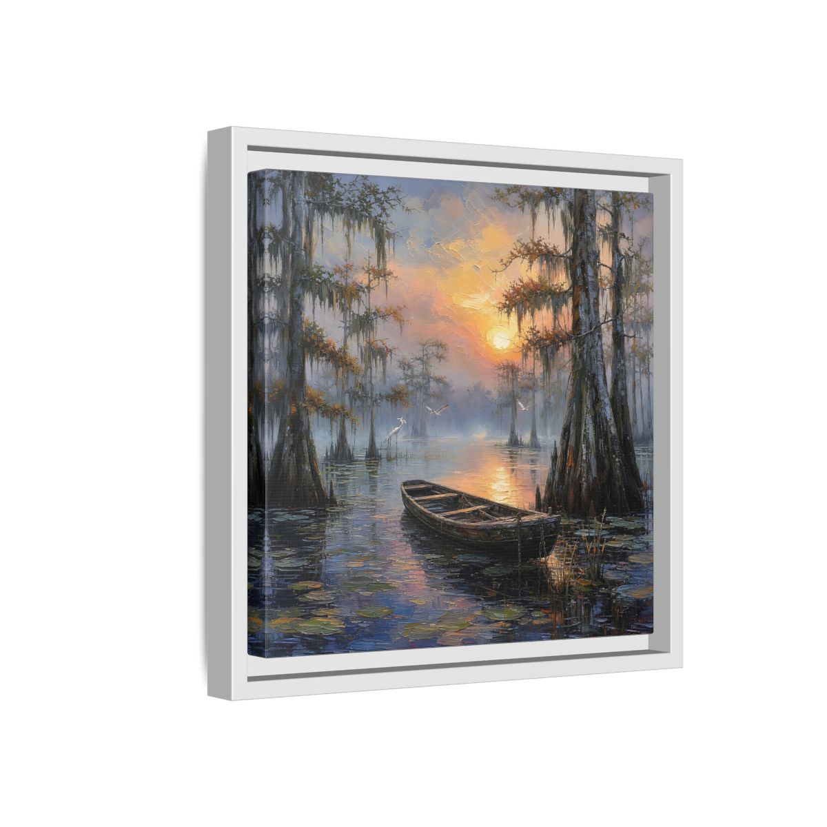 Side Mockup 16. Nature Swamp Boat Cypress Swamp Sunset shown as stretched canvas wall art