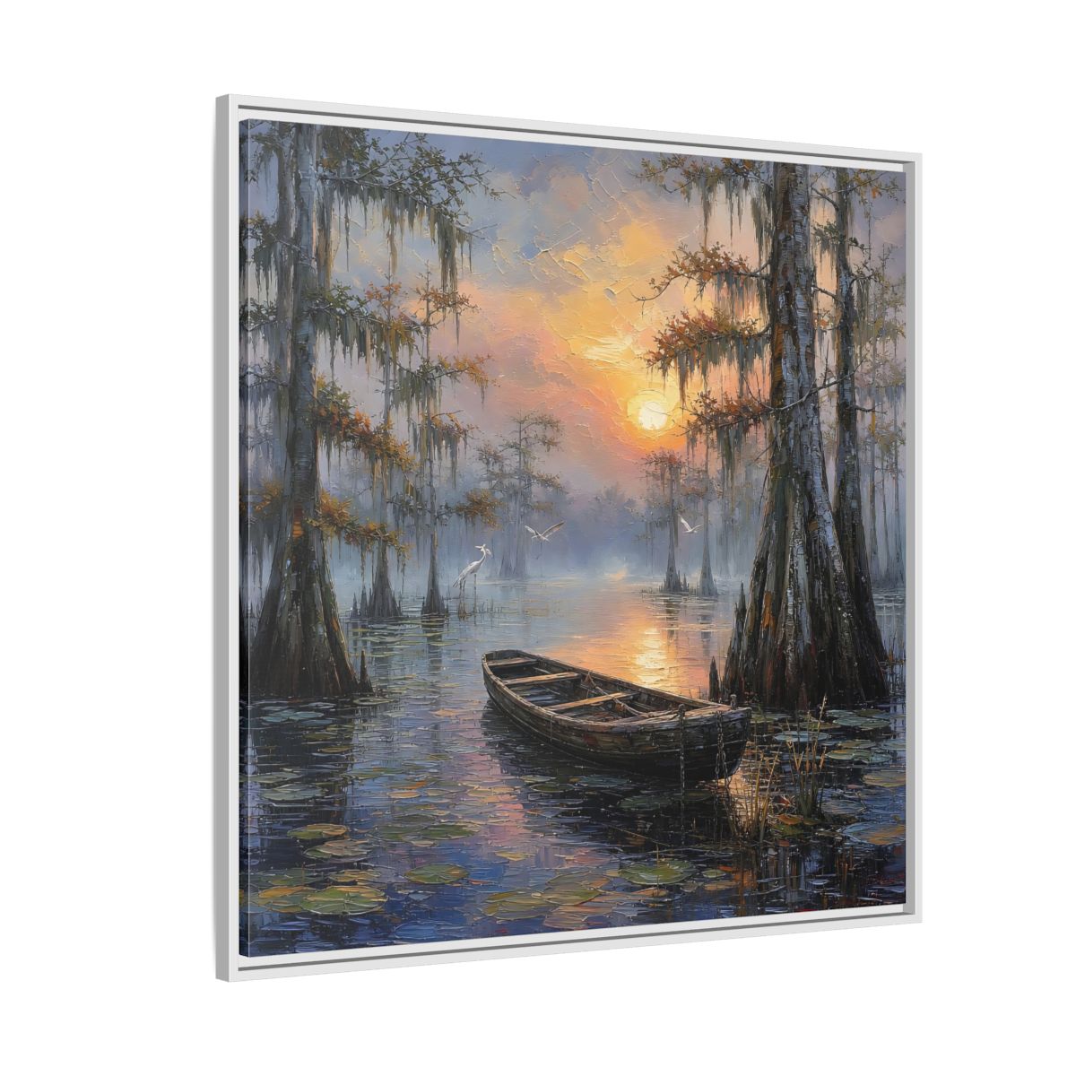 Side Mockup 4. Nature Swamp Boat Cypress Swamp Sunset shown as stretched canvas wall art